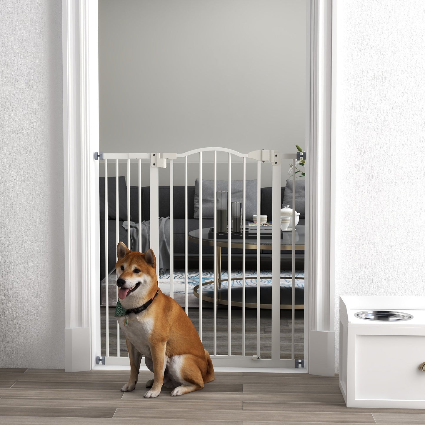 Pressure Fit Dog Stair Gate No Drilling Safety Gate Auto Close for Doorways, Hallways, 74-94cm Adjustable, 94cm Tall, White