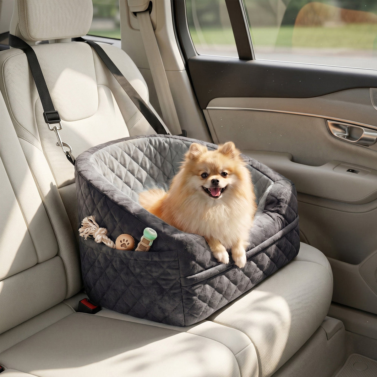 Dog Car Seat for Small Breeds Under 10kg, Dog Booster Seat Detachable Washable with Seat Belt, Thick Cushion, Portable Pet Travel Bed with Storage Pockets, Grey