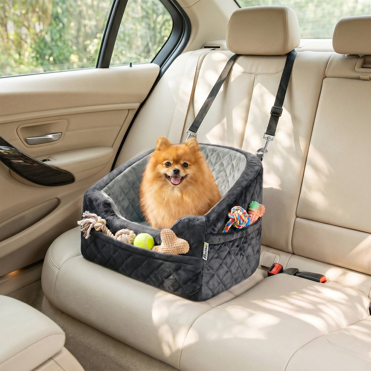 Dog Car Seat for Small Breeds Under 10kg, Dog Booster Seat Detachable Washable with Seat Belt, Thick Cushion, Portable Pet Travel Bed with Storage Pockets, Grey