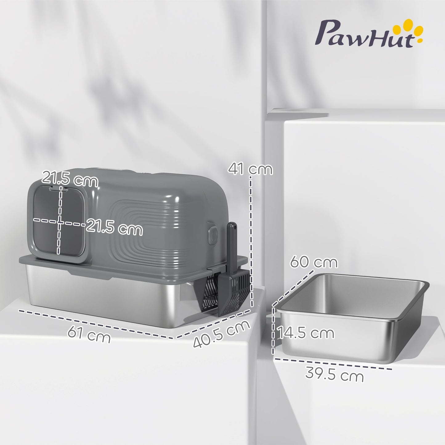 Stainless Steel Litter Tray with Plasma Deodoriser System, 65L Extra Large Enclosed Litter Box with Lid High, Sided Wall and Scoop for Larger Cats, Easy to Clean & Odour-Resistant, Grey
