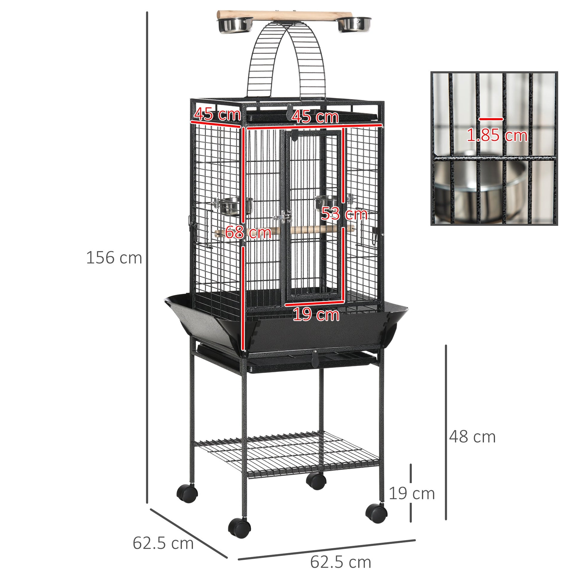 156cm Bird Cage,Large Parrot Cage with Open Play Top, Perch, Seed Guard, Wheels, Storage Shelf for Budgie, Cockatiel, Conure, Lovebird, Dark Grey