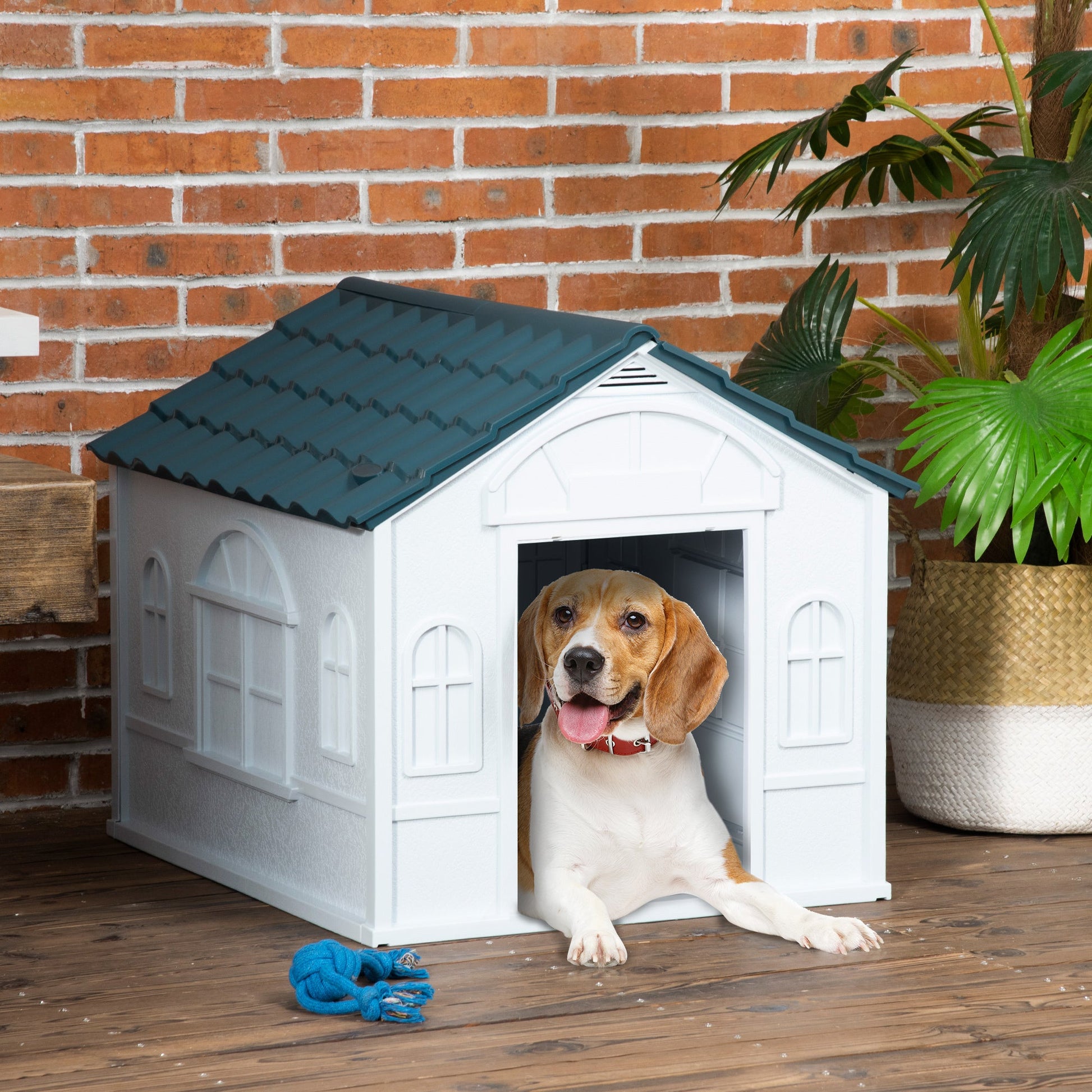 Plastic Dog House Outdoor Indoor, Weather-Resistant Dog Kennel, with Large Opening, for Medium Dogs, 65 x 75.7 x 63cm - White and Blue