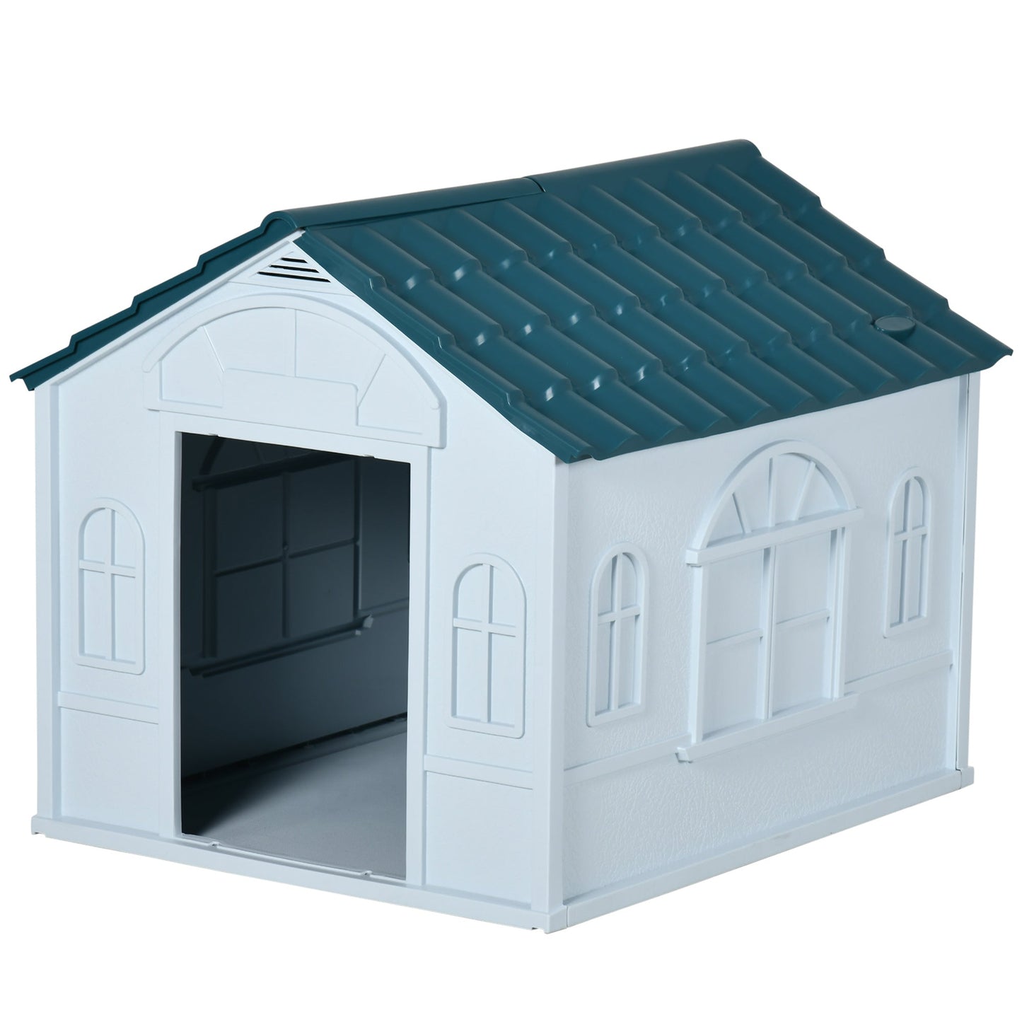 Plastic Dog House Outdoor Indoor, Weather-Resistant Dog Kennel, with Large Opening, for Medium Dogs, 65 x 75.7 x 63cm - White and Blue