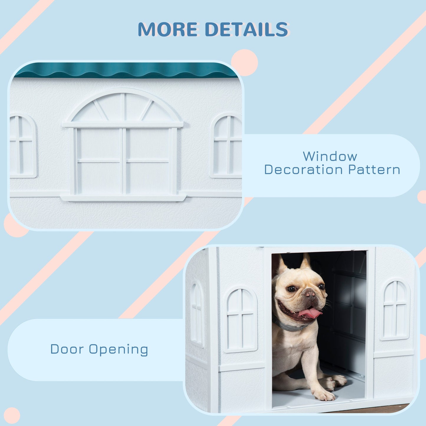 Plastic Dog House Outdoor Indoor, Weather-Resistant Dog Kennel, with Large Opening, for Medium Dogs, 65 x 75.7 x 63cm - White and Blue