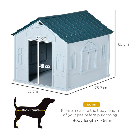 Plastic Dog House Outdoor Indoor, Weather-Resistant Dog Kennel, with Large Opening, for Medium Dogs, 65 x 75.7 x 63cm - White and Blue