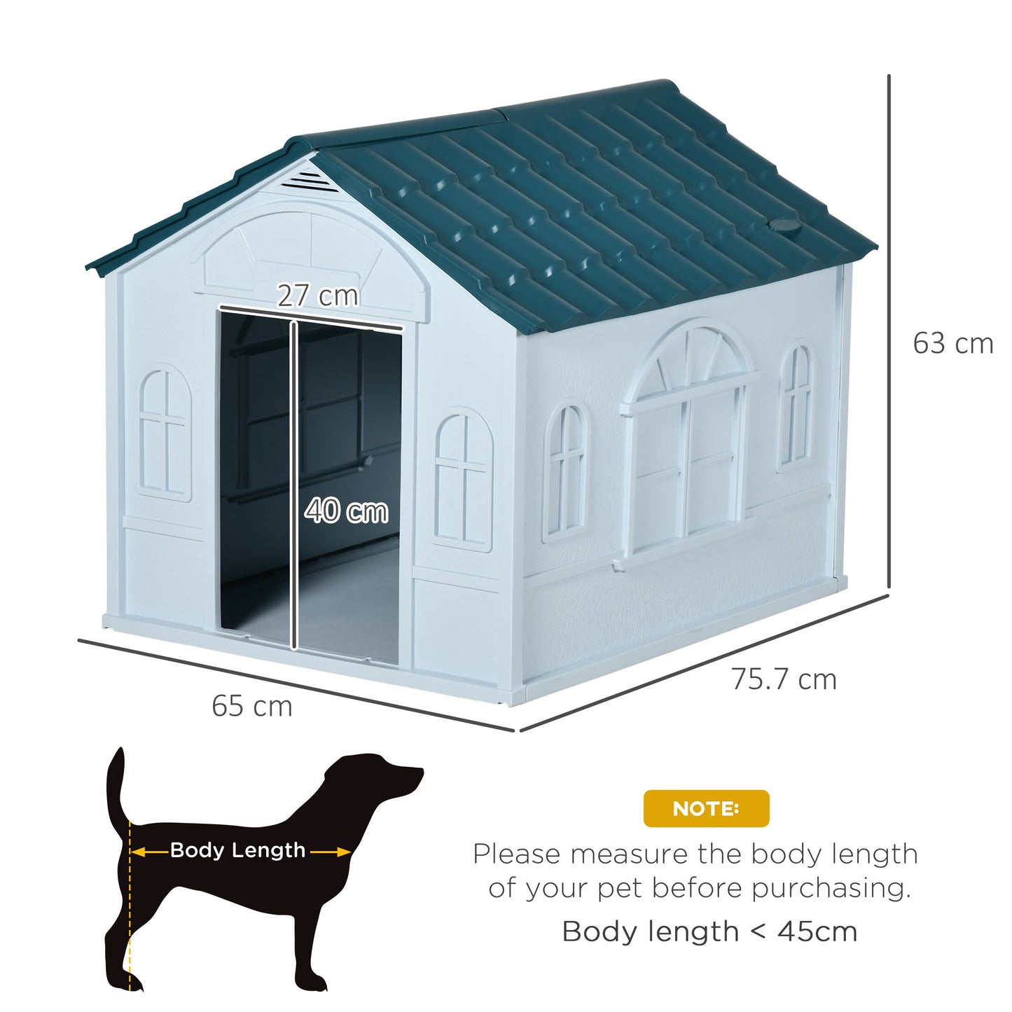 Plastic Dog House Outdoor Indoor, Weather-Resistant Dog Kennel, with Large Opening, for Medium Dogs, 65 x 75.7 x 63cm - White and Blue