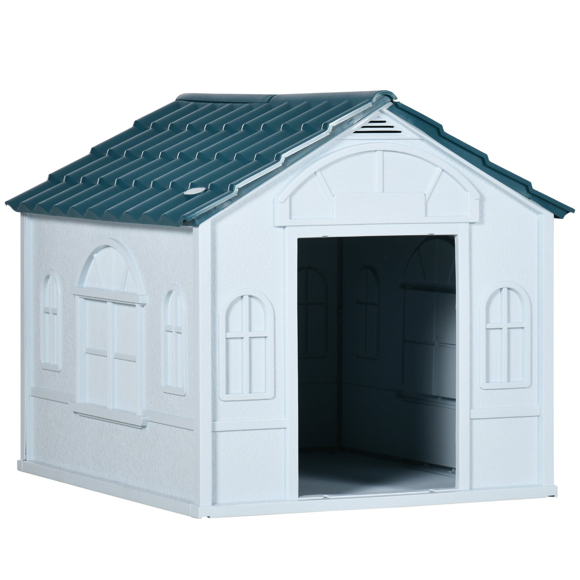 Plastic Dog House Outdoor Indoor, Weather-Resistant Dog Kennel, with Large Opening, for Medium Dogs, 65 x 75.7 x 63cm - White and Blue