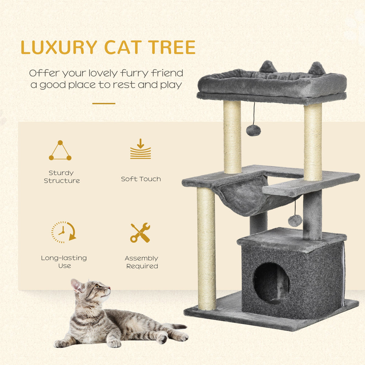 Cat Tree, 90cm Cat Tower with Sisal Scratching Posts, Cat Condo, Hammock, Top Perch and 2 Hanging Toys for Indoor Cats, Grey