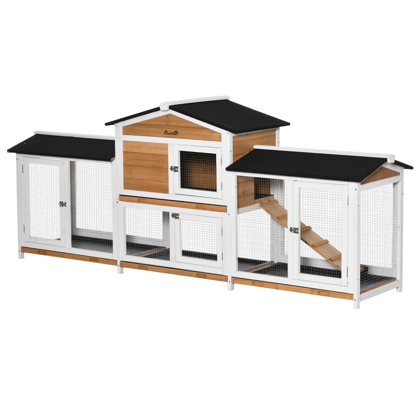 Large Rabbit Hutch Outdoor, 2-Tier Guinea Pig Hutch, Wooden Bunny Run, Small Animal House with Double Side Run Boxes, No-leak Plastic Tray, Ramp, 230 x 53 x 93.5cm, White