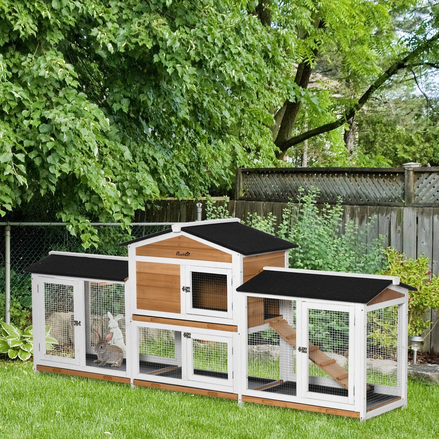 Large Rabbit Hutch Outdoor, 2-Tier Guinea Pig Hutch, Wooden Bunny Run, Small Animal House with Double Side Run Boxes, No-leak Plastic Tray, Ramp, 230 x 53 x 93.5cm, White