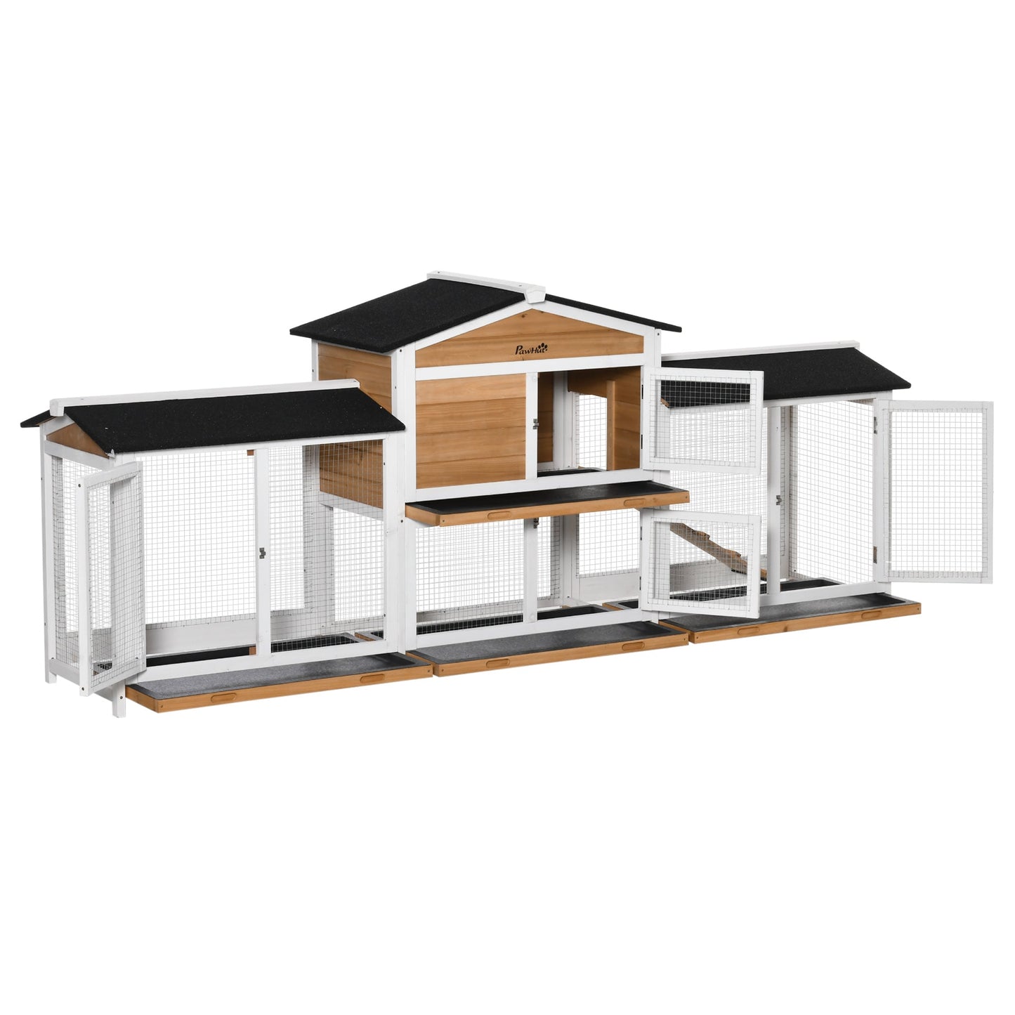 Large Rabbit Hutch Outdoor, 2-Tier Guinea Pig Hutch, Wooden Bunny Run, Small Animal House with Double Side Run Boxes, No-leak Plastic Tray, Ramp, 230 x 53 x 93.5cm, White