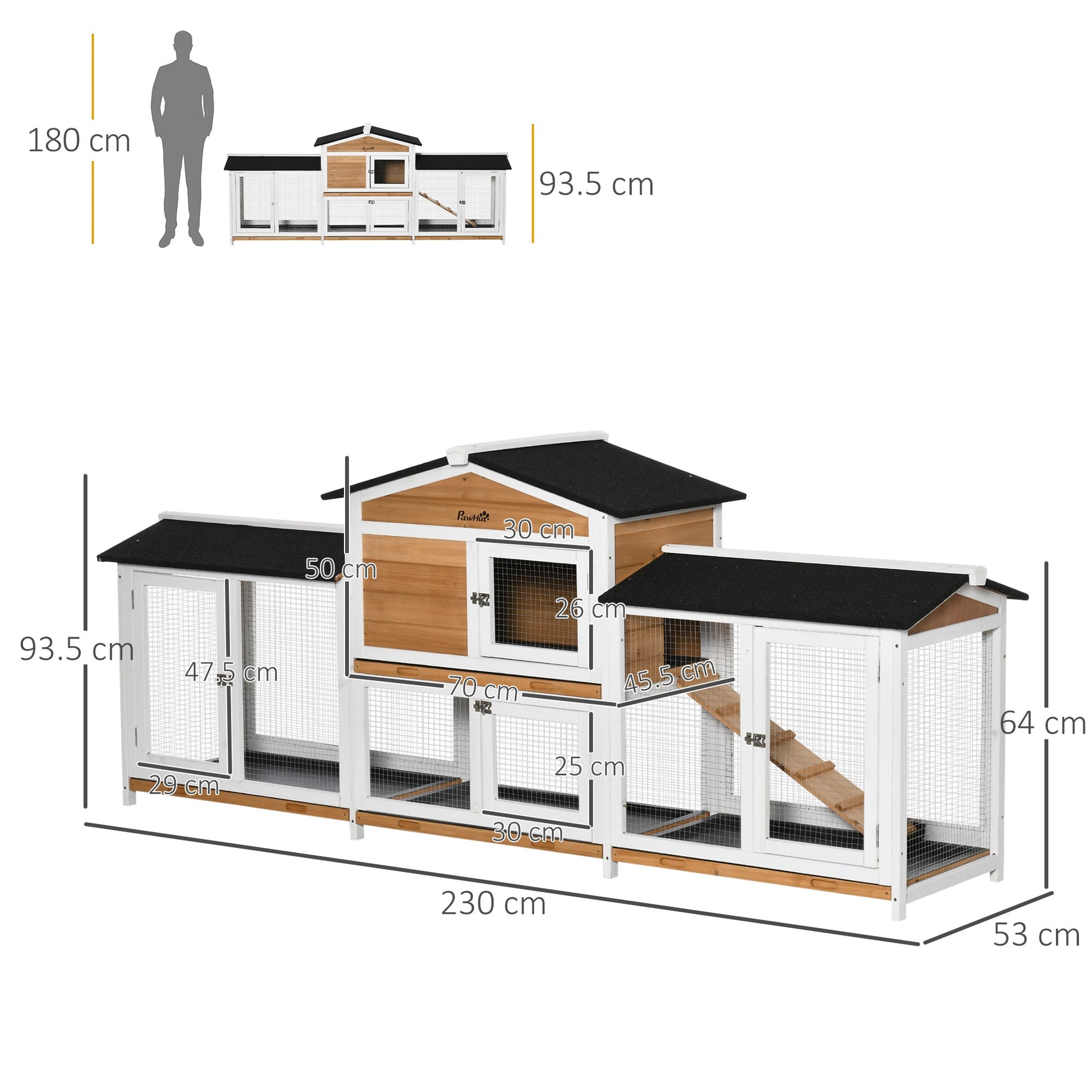 Large Rabbit Hutch Outdoor, 2-Tier Guinea Pig Hutch, Wooden Bunny Run, Small Animal House with Double Side Run Boxes, No-leak Plastic Tray, Ramp, 230 x 53 x 93.5cm, White