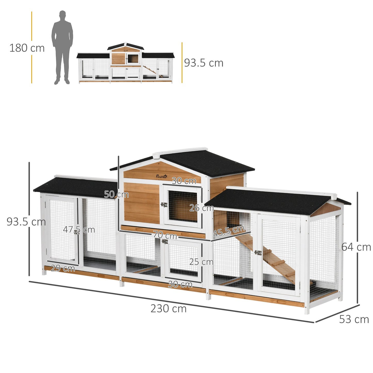 Large Rabbit Hutch Outdoor, 2-Tier Guinea Pig Hutch, Wooden Bunny Run, Small Animal House with Double Side Run Boxes, No-leak Plastic Tray, Ramp, 230 x 53 x 93.5cm, White