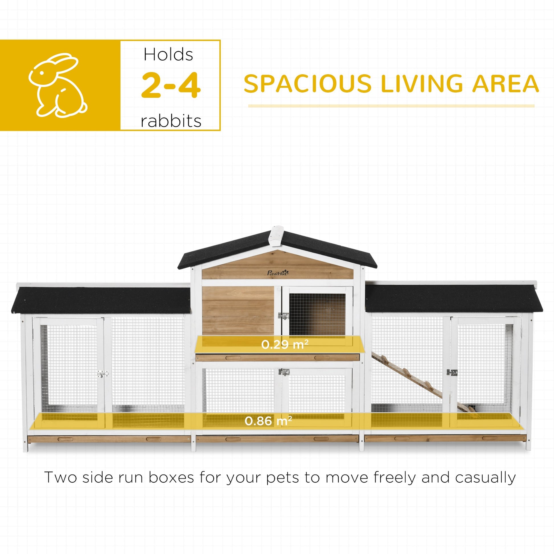 Large Rabbit Hutch Outdoor, 2-Tier Guinea Pig Hutch, Wooden Bunny Run, Small Animal House with Double Side Run Boxes, No-leak Plastic Tray, Ramp, 230 x 53 x 93.5cm, White