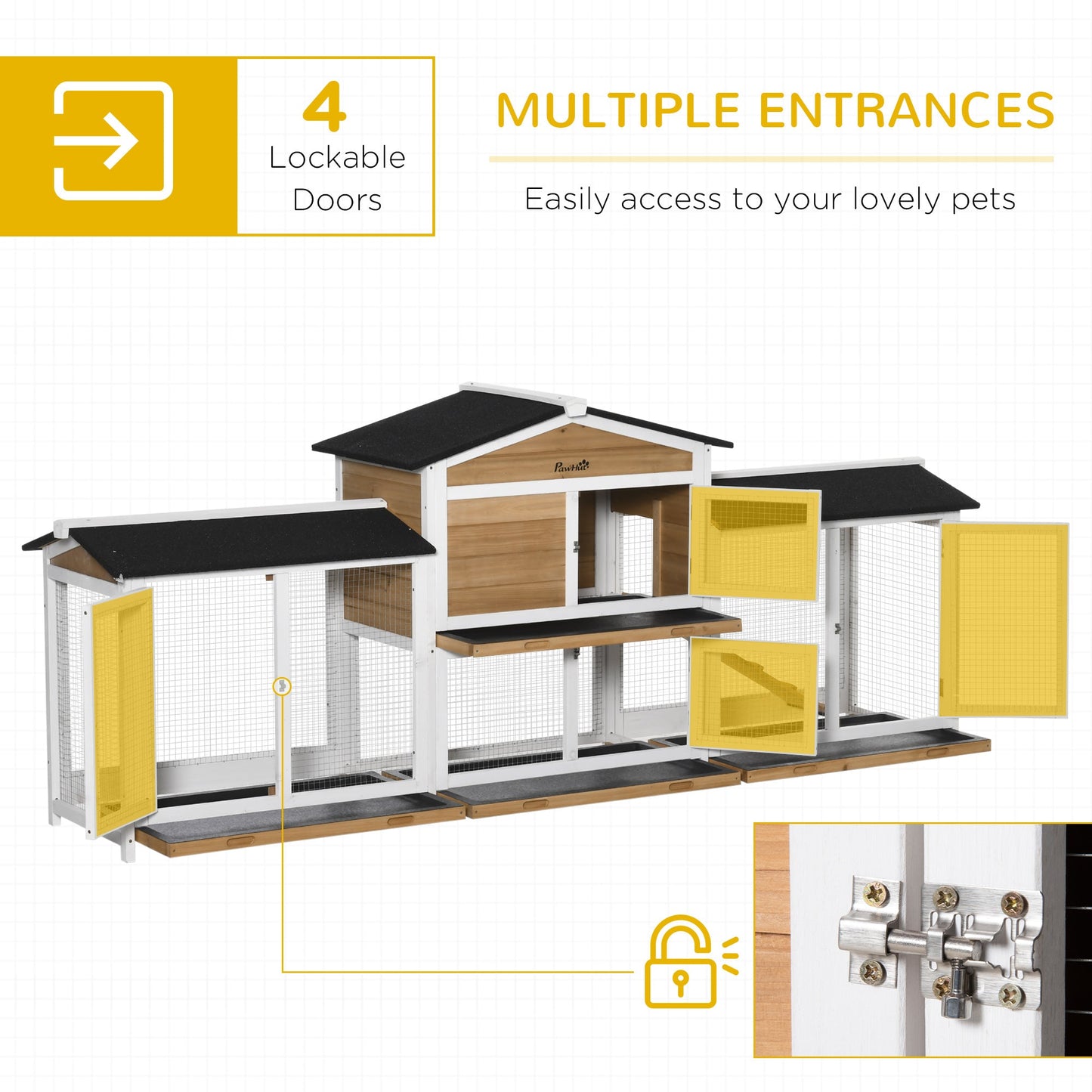 Large Rabbit Hutch Outdoor, 2-Tier Guinea Pig Hutch, Wooden Bunny Run, Small Animal House with Double Side Run Boxes, No-leak Plastic Tray, Ramp, 230 x 53 x 93.5cm, White
