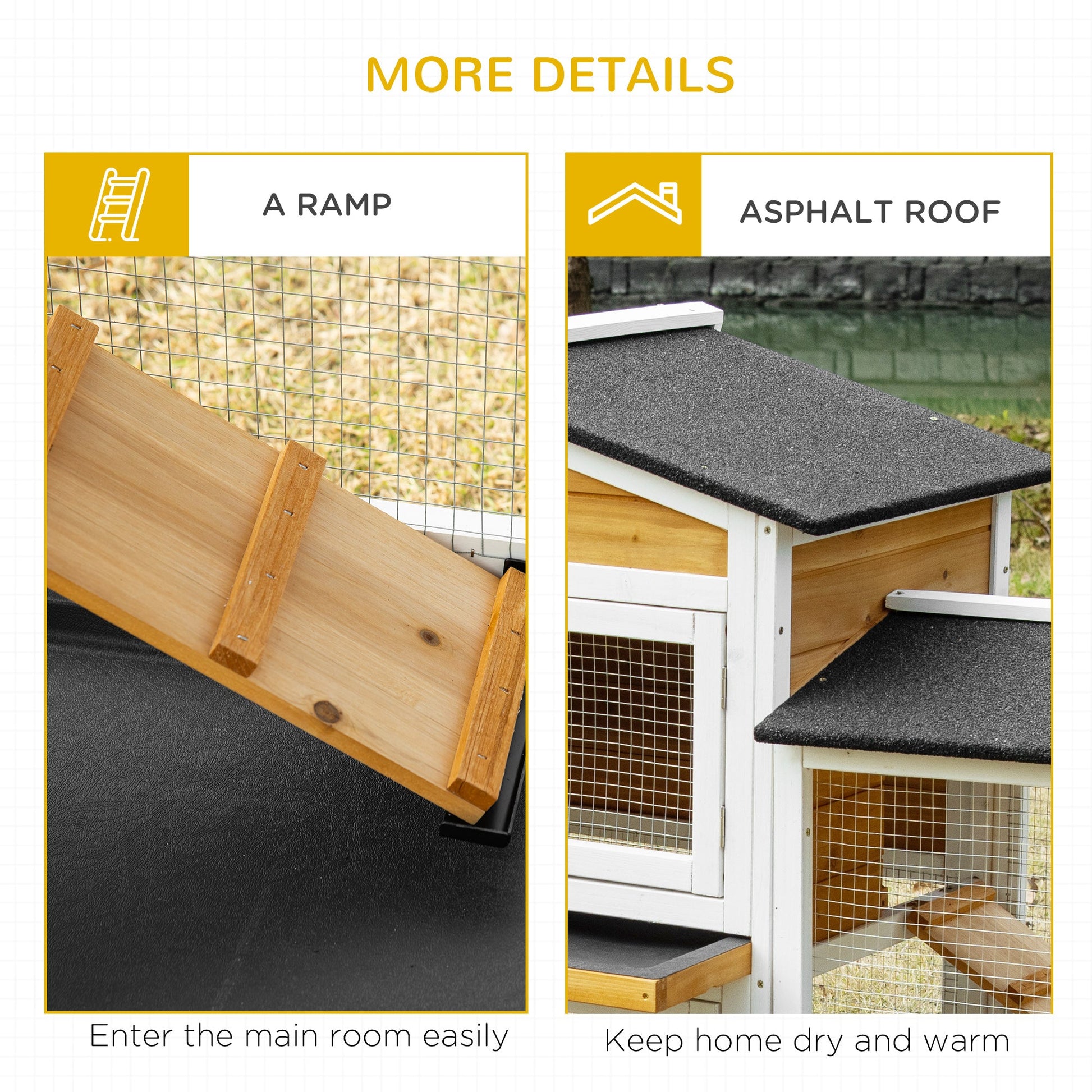 Large Rabbit Hutch Outdoor, 2-Tier Guinea Pig Hutch, Wooden Bunny Run, Small Animal House with Double Side Run Boxes, No-leak Plastic Tray, Ramp, 230 x 53 x 93.5cm, White