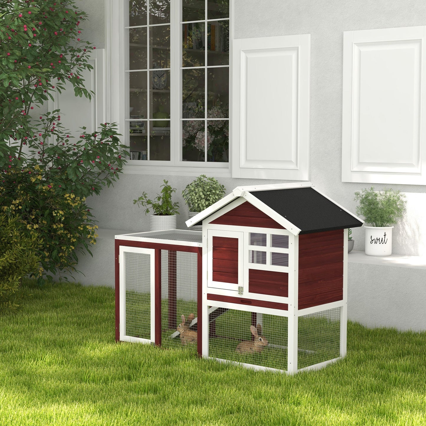 Rabbit Hutch Outdoor Wooden Guinea Pig Hutch Rabbit Run Bunny Cage Small Animal House Pull-Out Tray, Brown, 122 x 62.6 x 92 cm