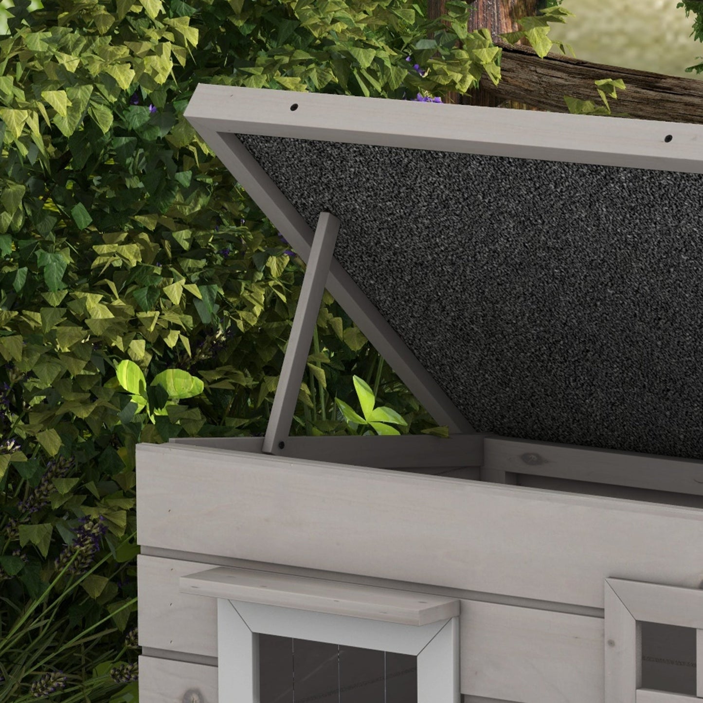 Outdoor Wooden Cat House, Elevated Cat Shelter Kennel, Pet Play House with Openable Top, Asphalt Roof, Window, 87 x 52 x 44 cm, Grey