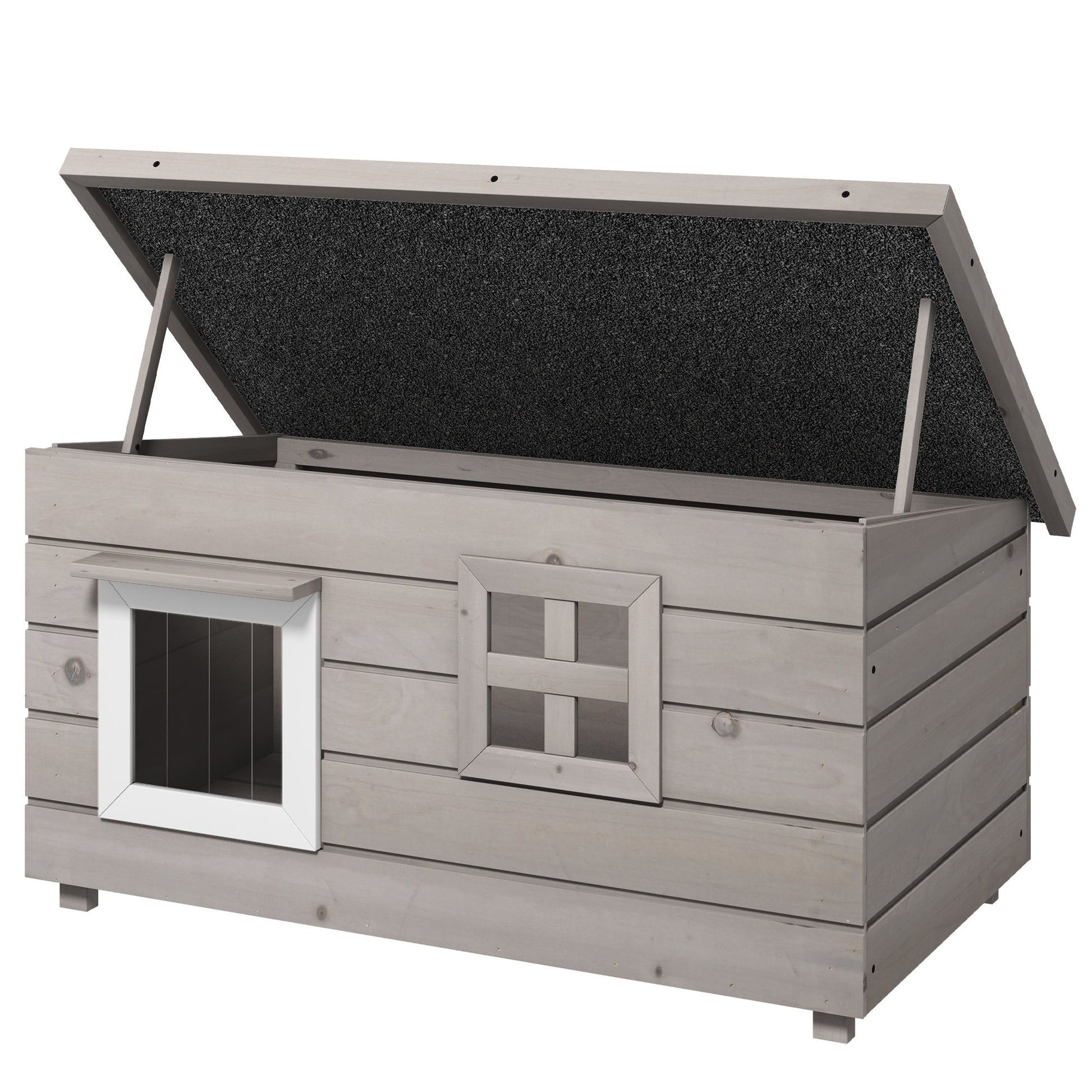Outdoor Wooden Cat House, Elevated Cat Shelter Kennel, Pet Play House with Openable Top, Asphalt Roof, Window, 87 x 52 x 44 cm, Grey