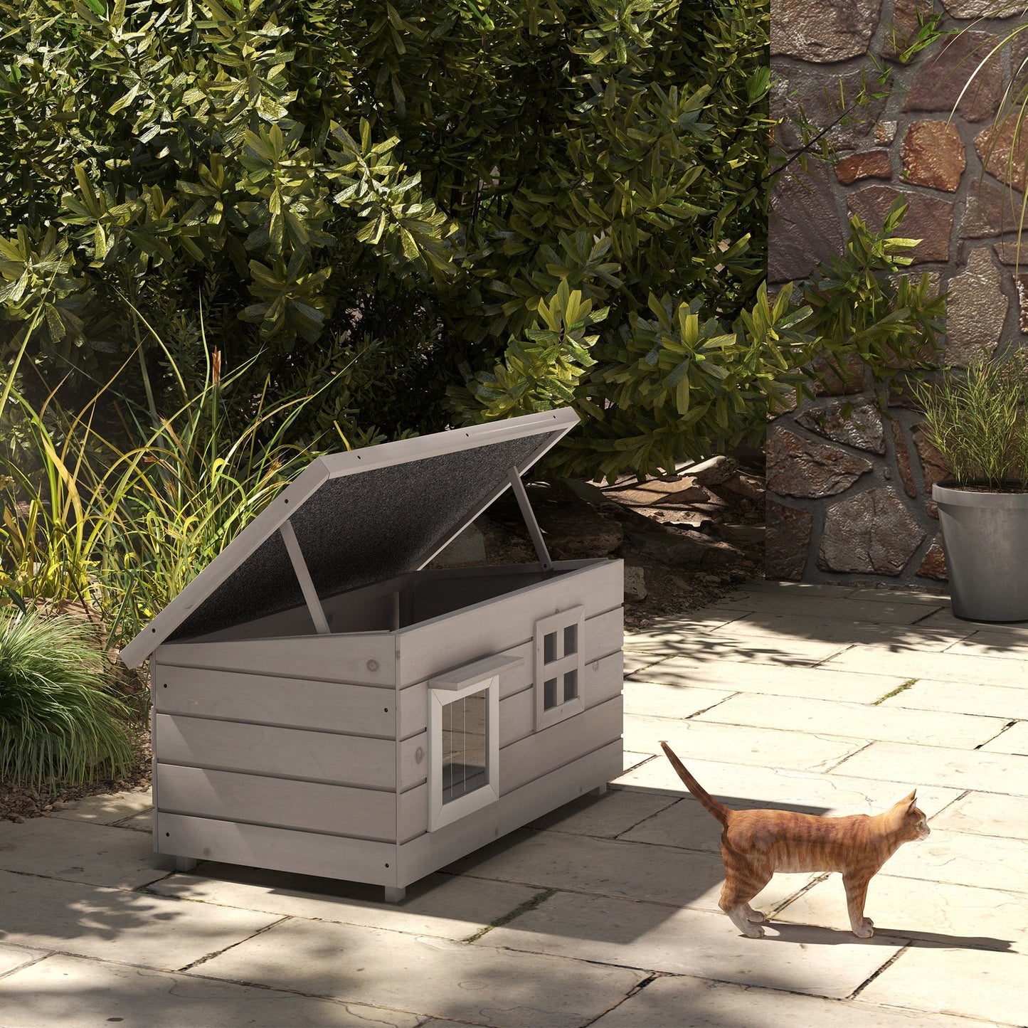 Outdoor Wooden Cat House, Elevated Cat Shelter Kennel, Pet Play House with Openable Top, Asphalt Roof, Window, 87 x 52 x 44 cm, Grey
