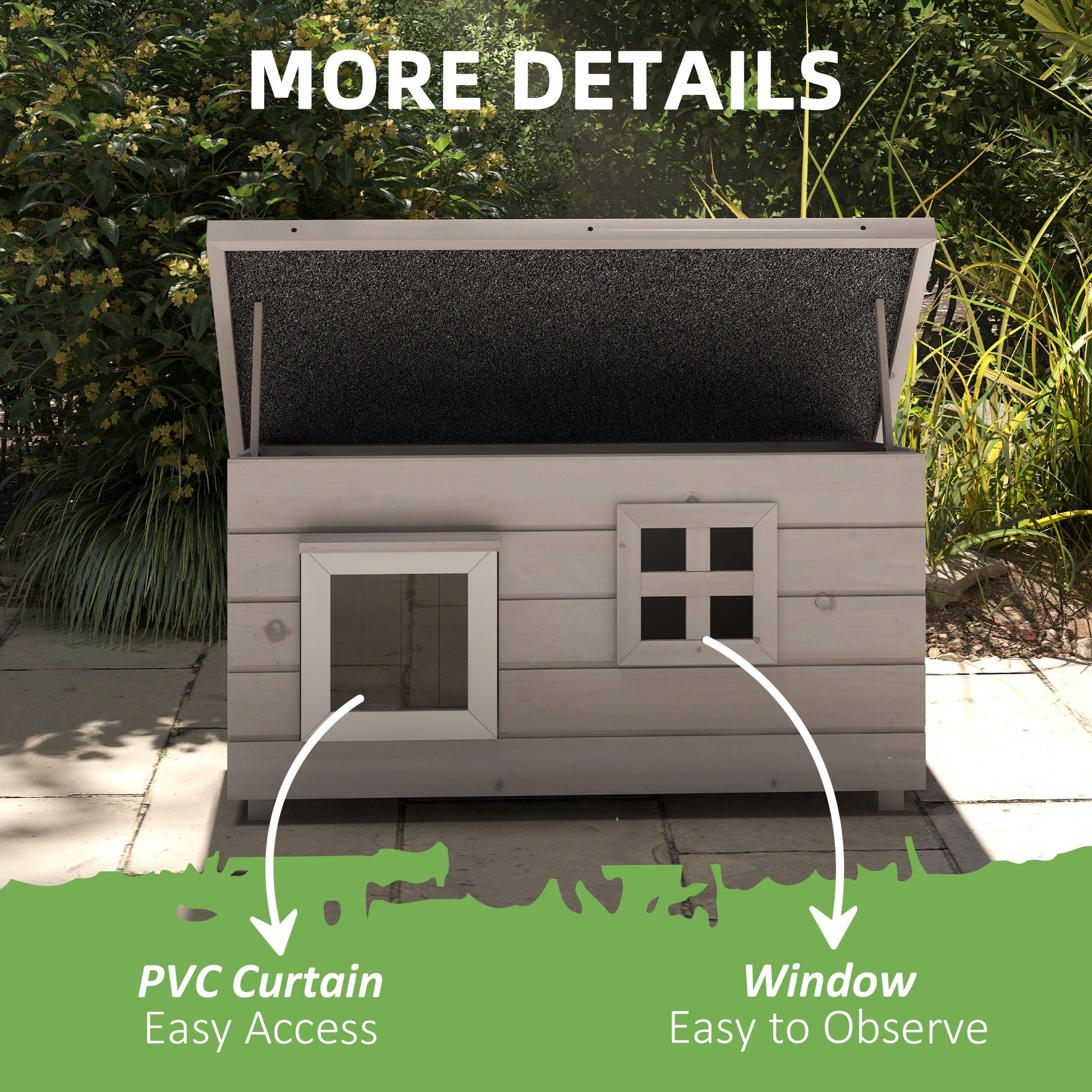 Outdoor Wooden Cat House, Elevated Cat Shelter Kennel, Pet Play House with Openable Top, Asphalt Roof, Window, 87 x 52 x 44 cm, Grey