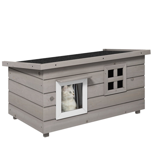 Outdoor Wooden Cat House, Elevated Cat Shelter Kennel, Pet Play House with Openable Top, Asphalt Roof, Window, 87 x 52 x 44 cm, Grey