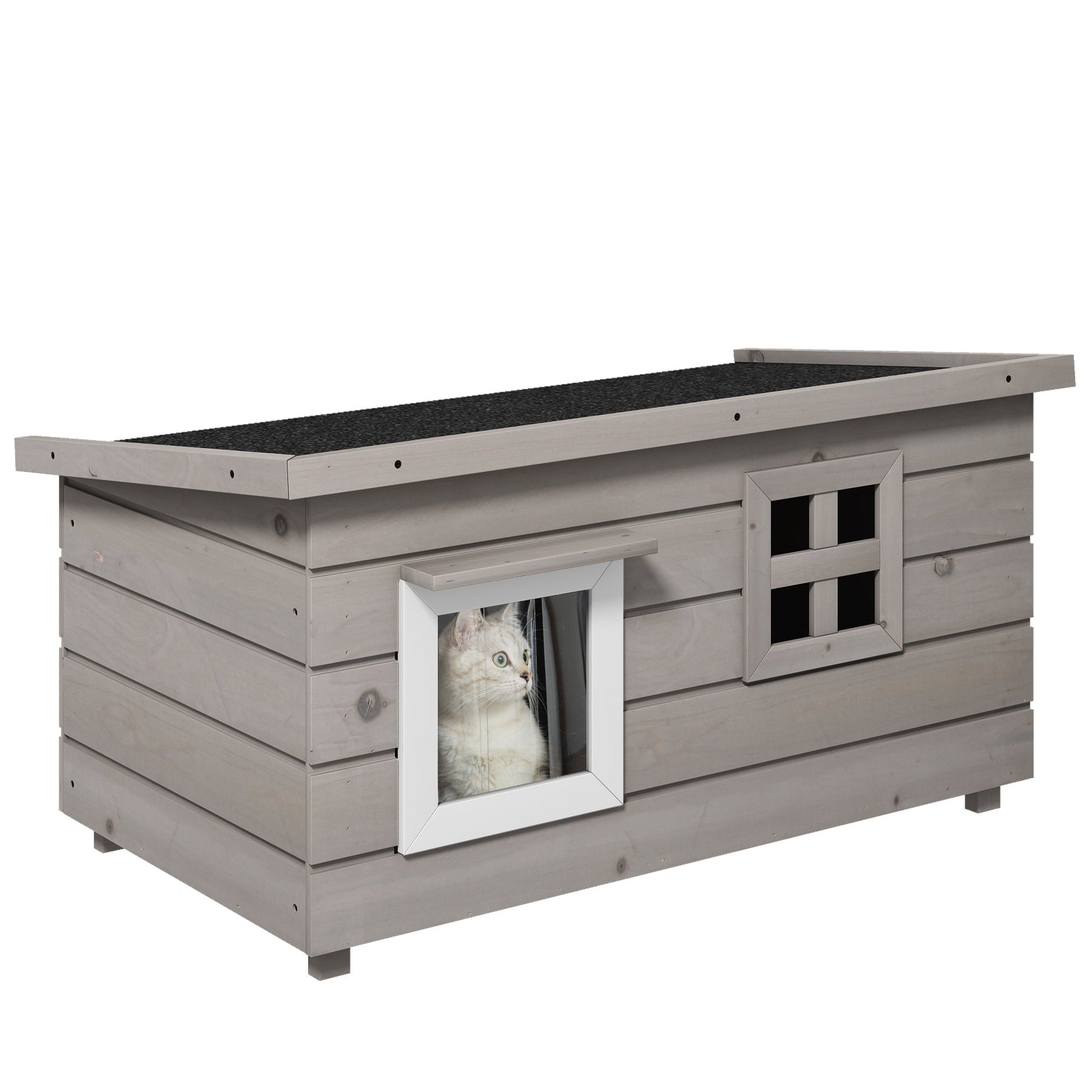 Outdoor Wooden Cat House, Elevated Cat Shelter Kennel, Pet Play House with Openable Top, Asphalt Roof, Window, 87 x 52 x 44 cm, Grey
