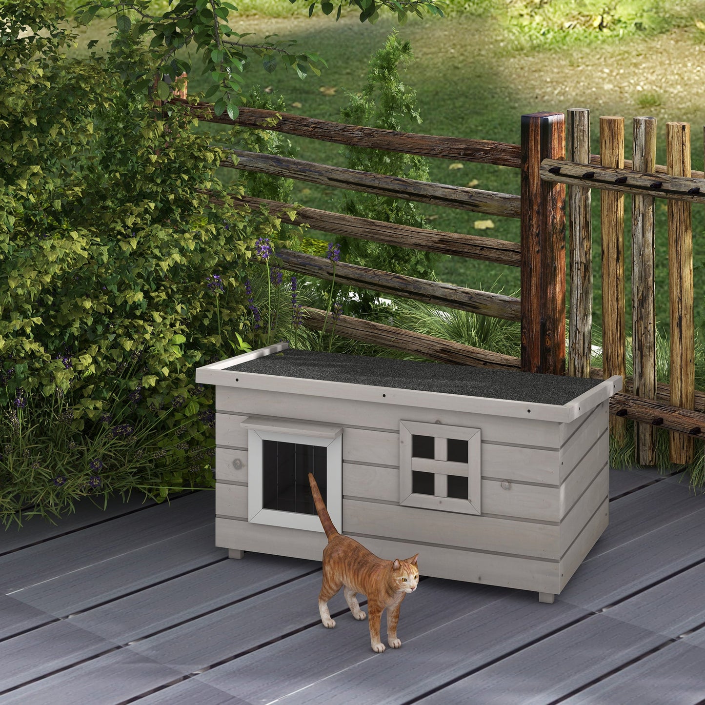 Outdoor Wooden Cat House, Elevated Cat Shelter Kennel, Pet Play House with Openable Top, Asphalt Roof, Window, 87 x 52 x 44 cm, Grey