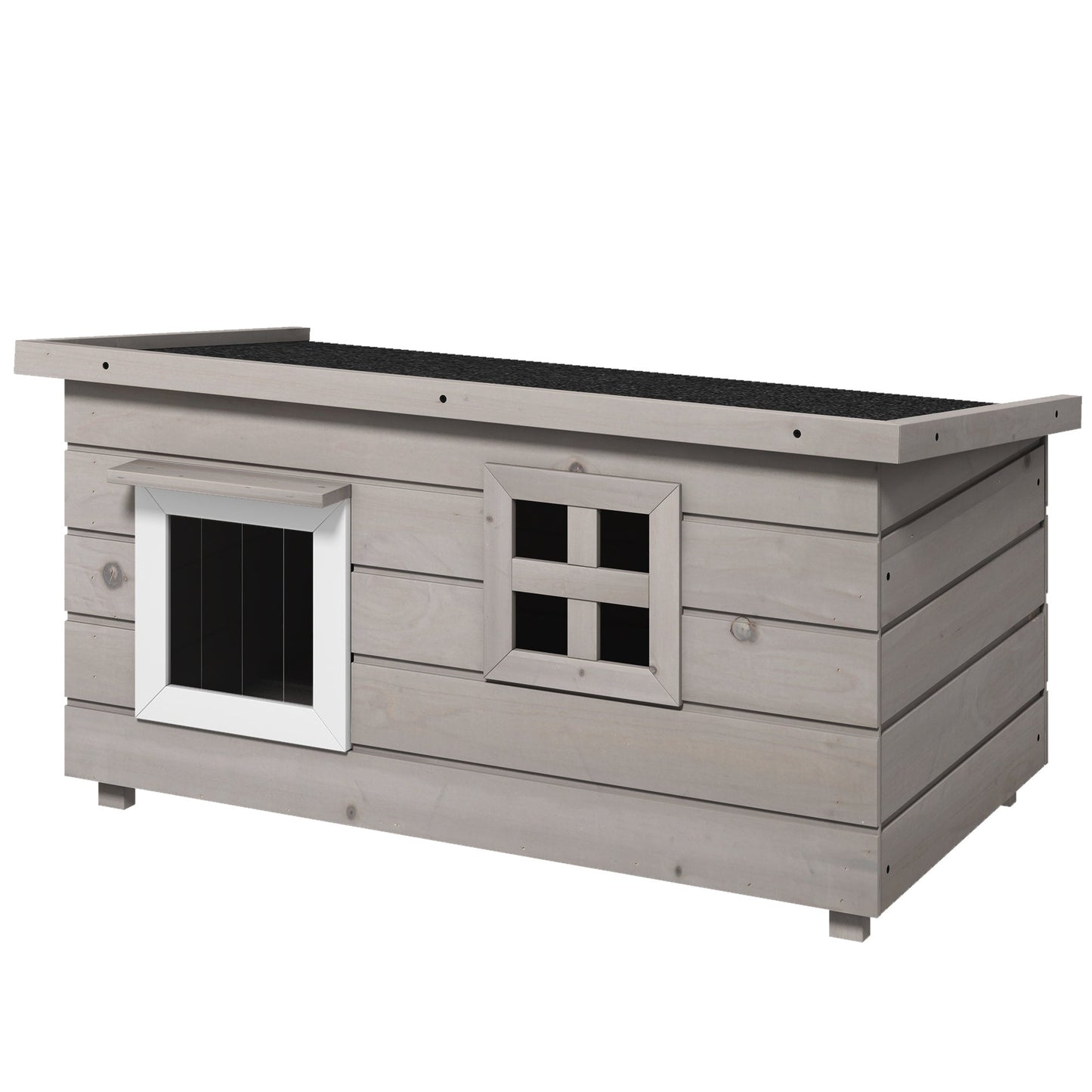 Outdoor Wooden Cat House, Elevated Cat Shelter Kennel, Pet Play House with Openable Top, Asphalt Roof, Window, 87 x 52 x 44 cm, Grey