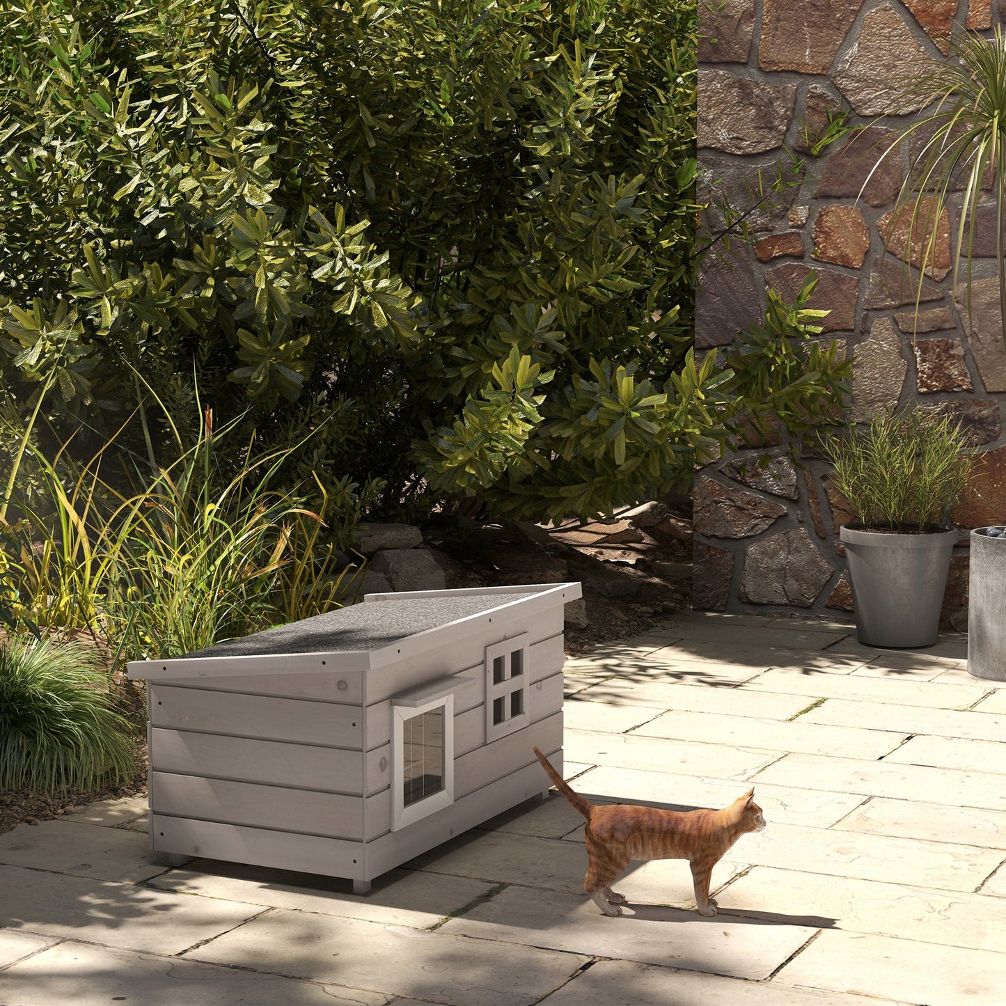 Outdoor Wooden Cat House, Elevated Cat Shelter Kennel, Pet Play House with Openable Top, Asphalt Roof, Window, 87 x 52 x 44 cm, Grey