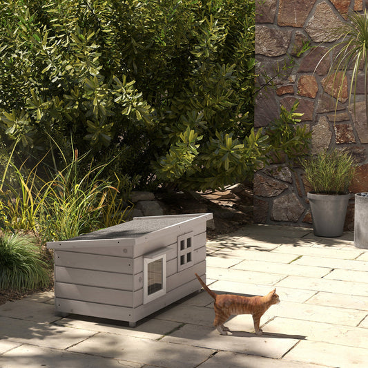 Outdoor Wooden Cat House, Elevated Cat Shelter Kennel, Pet Play House with Openable Top, Asphalt Roof, Window, 87 x 52 x 44 cm, Grey