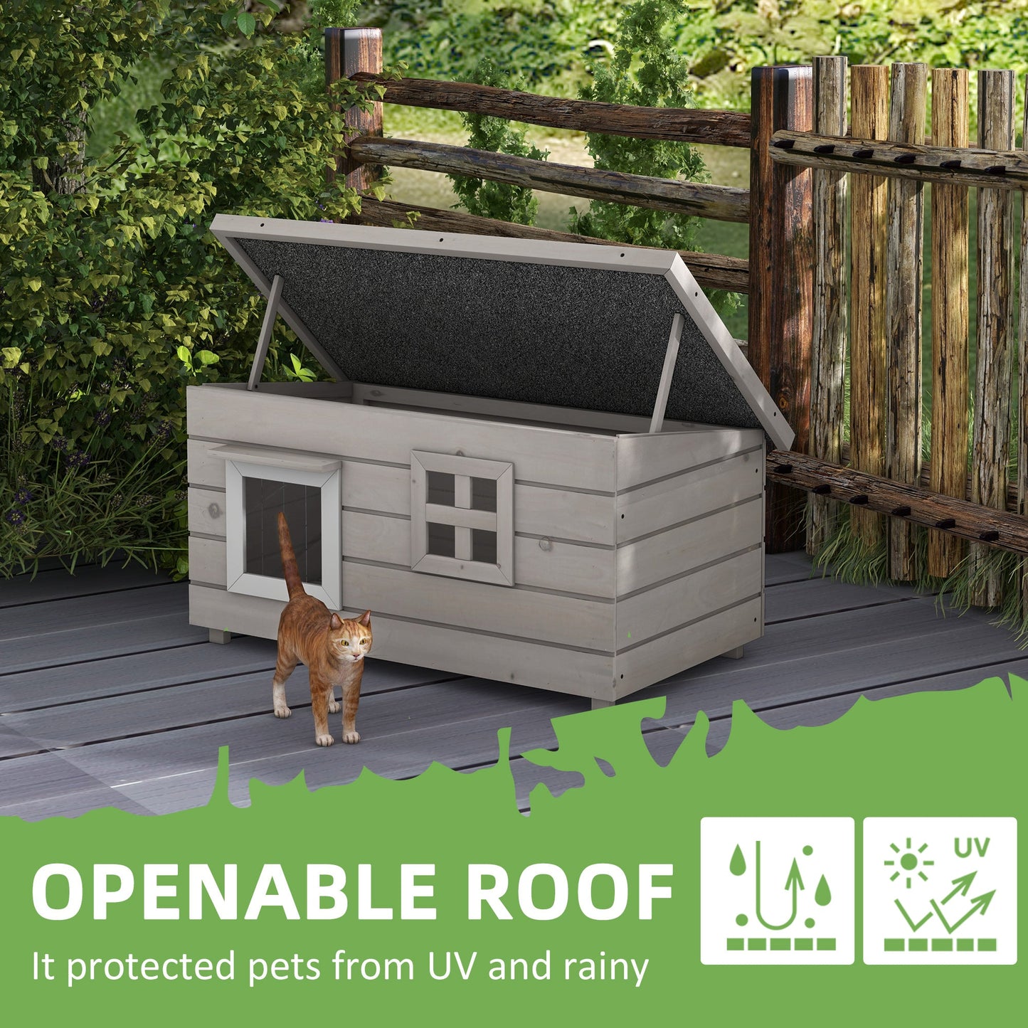 Outdoor Wooden Cat House, Elevated Cat Shelter Kennel, Pet Play House with Openable Top, Asphalt Roof, Window, 87 x 52 x 44 cm, Grey