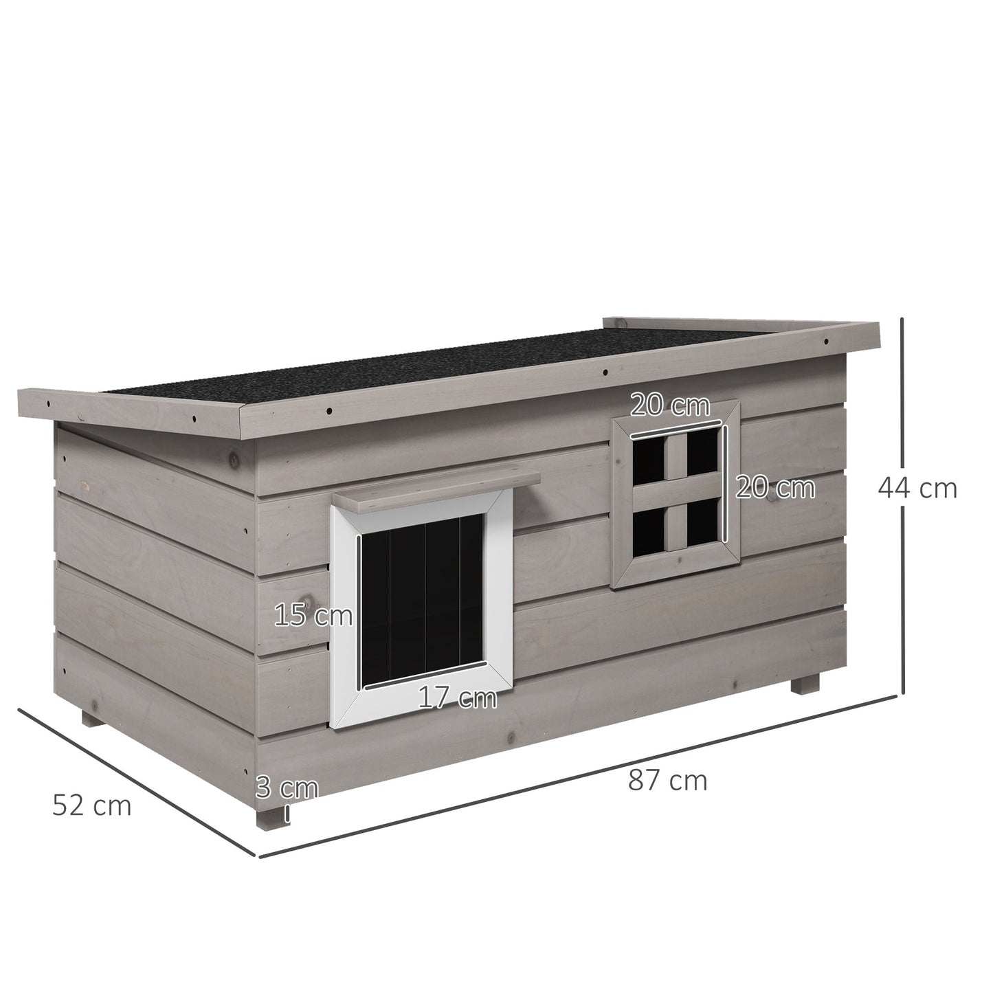 Outdoor Wooden Cat House, Elevated Cat Shelter Kennel, Pet Play House with Openable Top, Asphalt Roof, Window, 87 x 52 x 44 cm, Grey