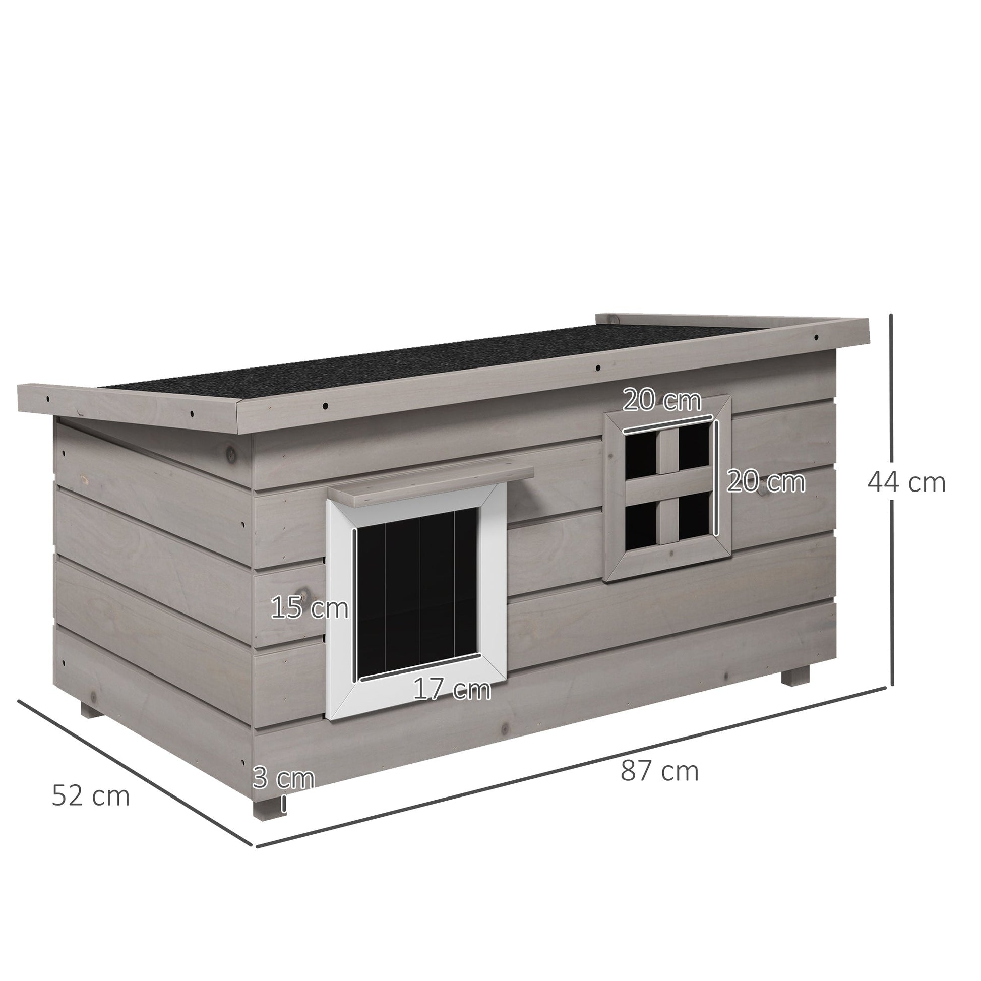 Outdoor Wooden Cat House, Elevated Cat Shelter Kennel, Pet Play House with Openable Top, Asphalt Roof, Window, 87 x 52 x 44 cm, Grey