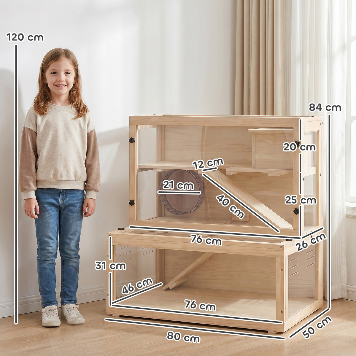 Wooden Hamster Cage, Large Gerbil Cage with Hut, Wheel, Ramps, 3 Tier Small Animal Habitat with Removable Viewing Panels, 80 x 50 x 84 cm, Natural