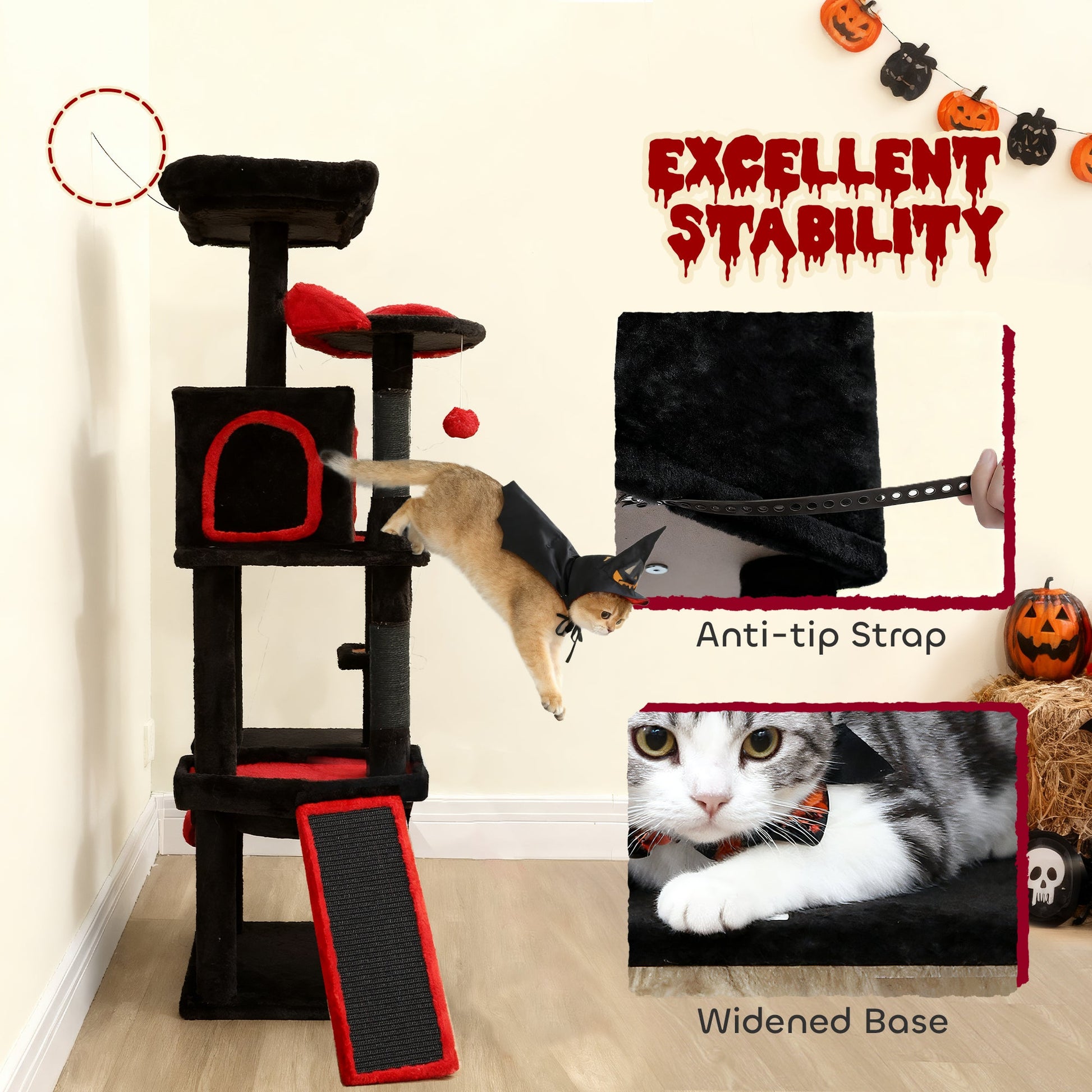 Gothic Cat Tree, 152 cm Multi-Level Cat Tower for Indoor Large Kittens with 1 Coffin Bed, 1 Hammock, 1 Condo, 2 Perches, Sisal Scratching Posts, 1 Scratching Ramp, Toy Ball, Black, Halloween
