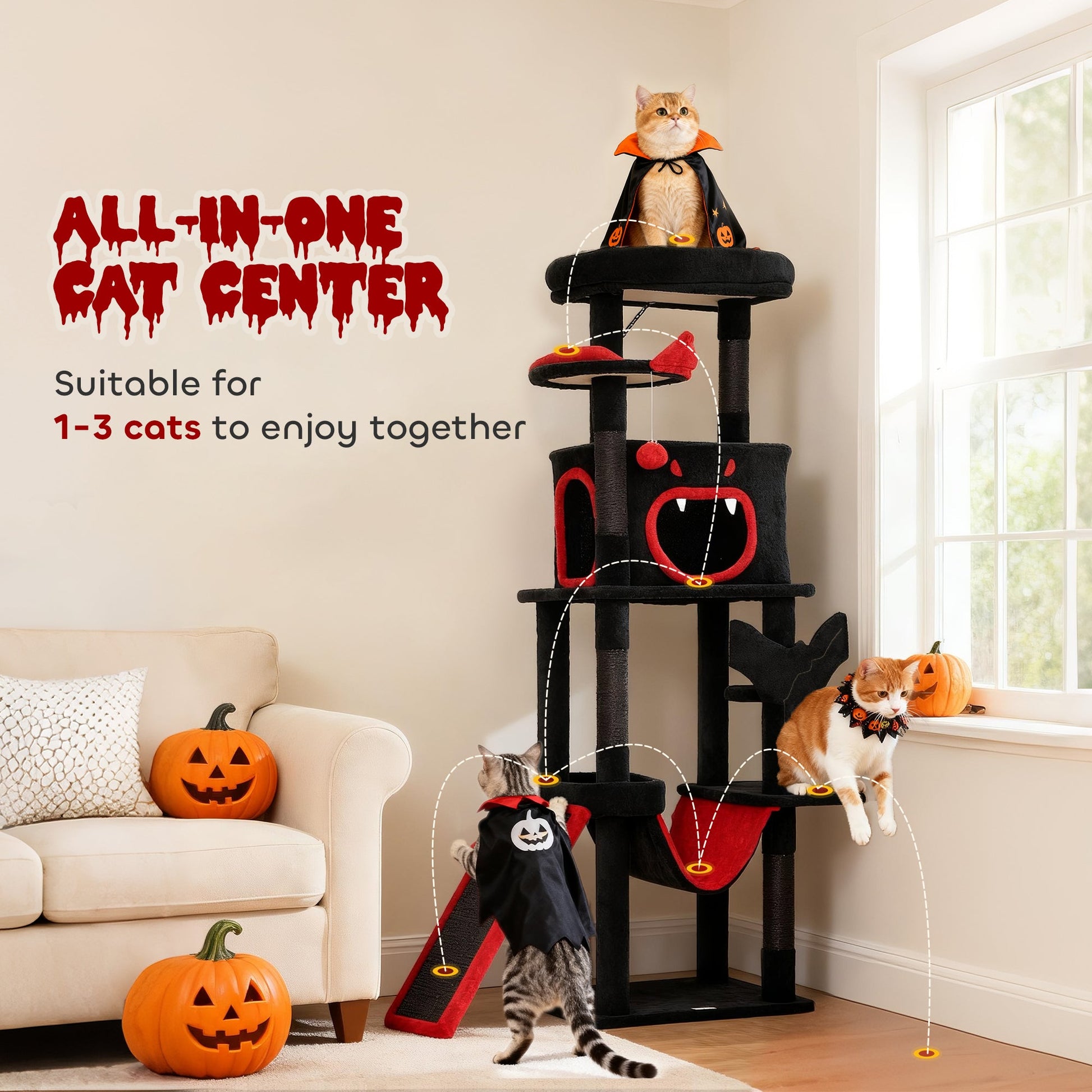 Gothic Cat Tree, 152 cm Multi-Level Cat Tower for Indoor Large Kittens with 1 Coffin Bed, 1 Hammock, 1 Condo, 2 Perches, Sisal Scratching Posts, 1 Scratching Ramp, Toy Ball, Black, Halloween