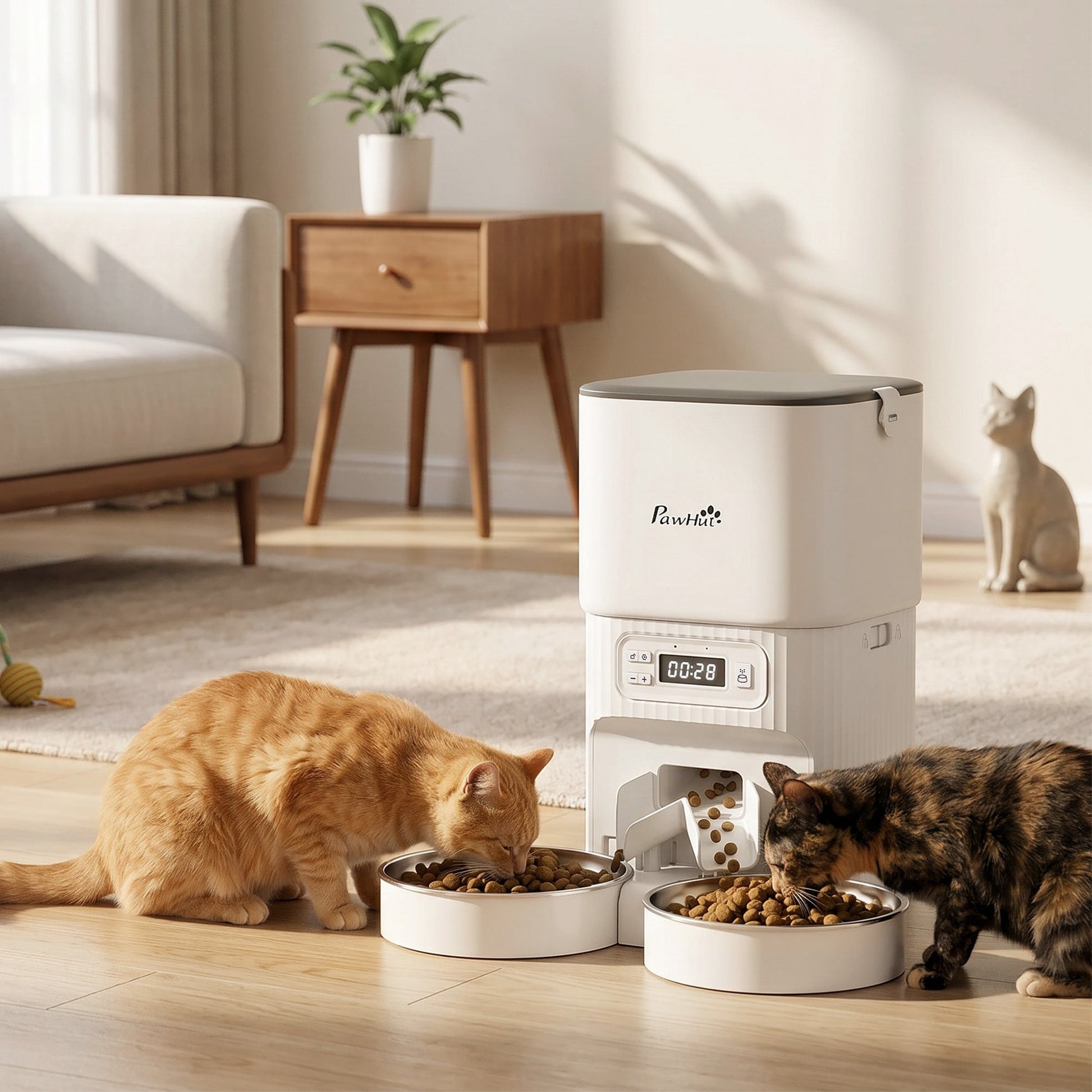 Automatic Cat Feeder with 2 Stainless Steel Bowls, 4L Pet Food Dispenser with Portion Control for 1–6 Meals Daily, Anti-Clogging Design, Dual Power Supply