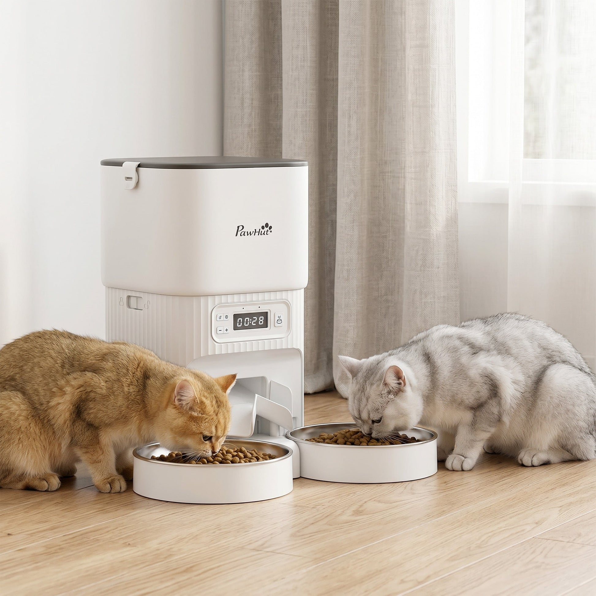 Automatic Cat Feeder with 2 Stainless Steel Bowls, 4L Pet Food Dispenser with Portion Control for 1–6 Meals Daily, Anti-Clogging Design, Dual Power Supply