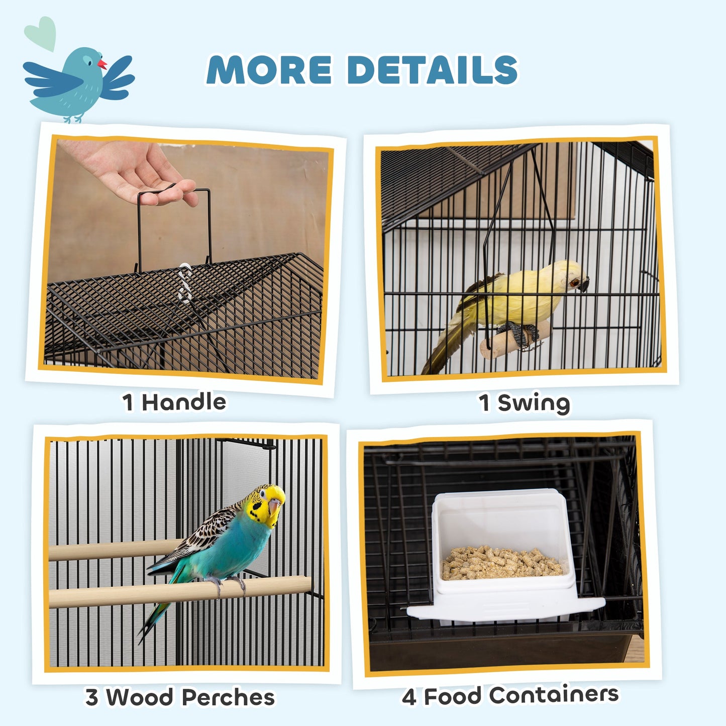 Bird Cage Budgie Cage with Slide Tray Handle for Finch Canary 43 x 32.5 x 104cm, Black