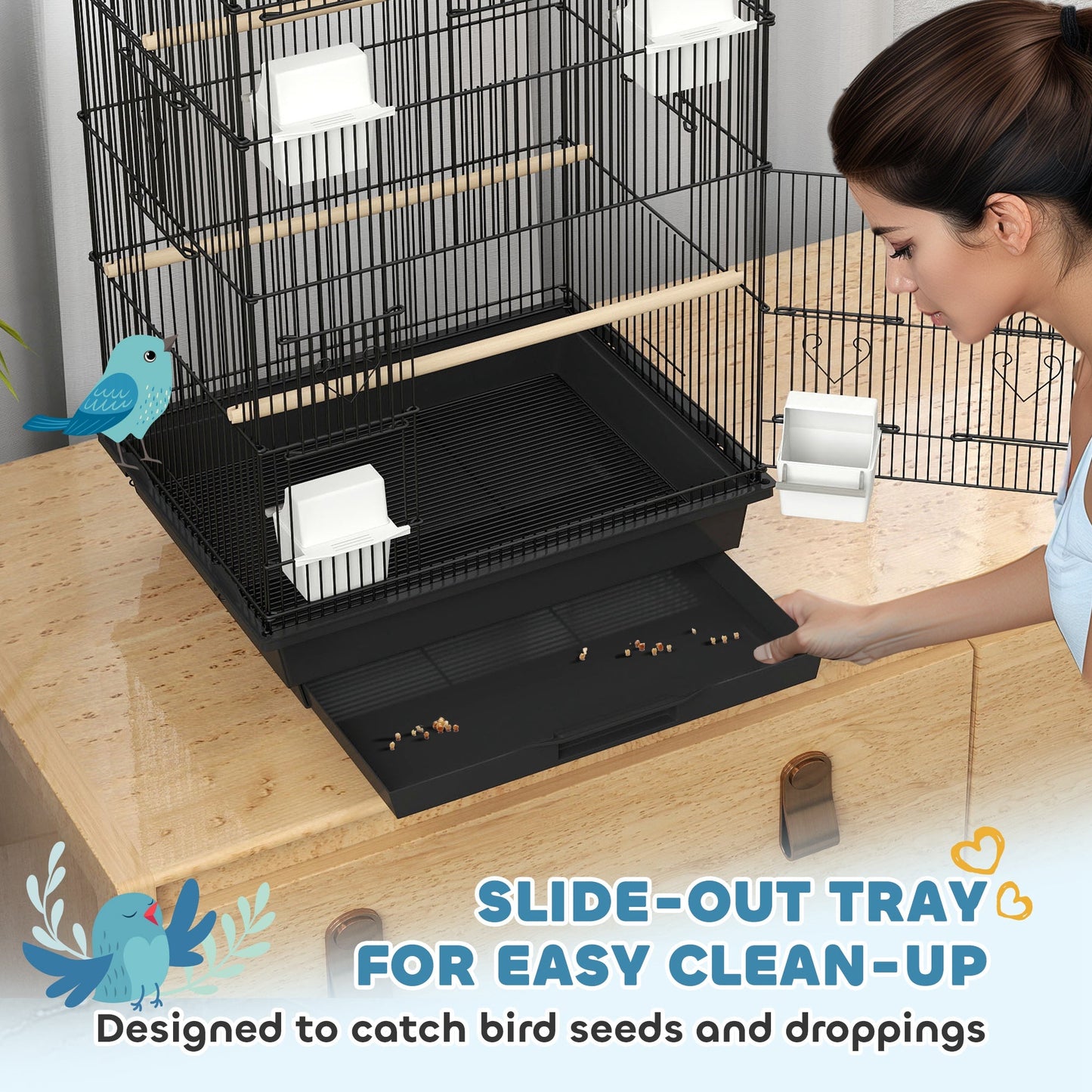 Bird Cage Budgie Cage with Slide Tray Handle for Finch Canary 43 x 32.5 x 104cm, Black