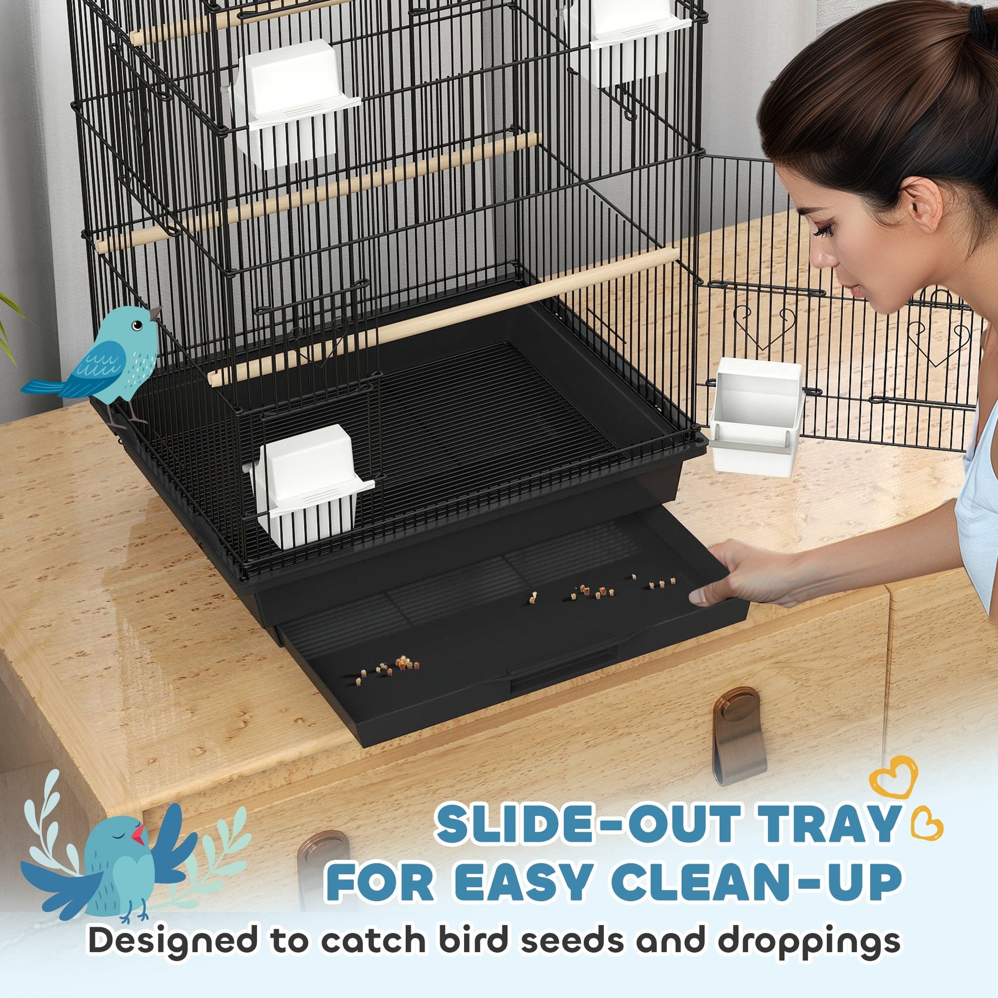 Bird Cage Budgie Cage with Slide Tray Handle for Finch Canary 43 x 32.5 x 104cm, Black