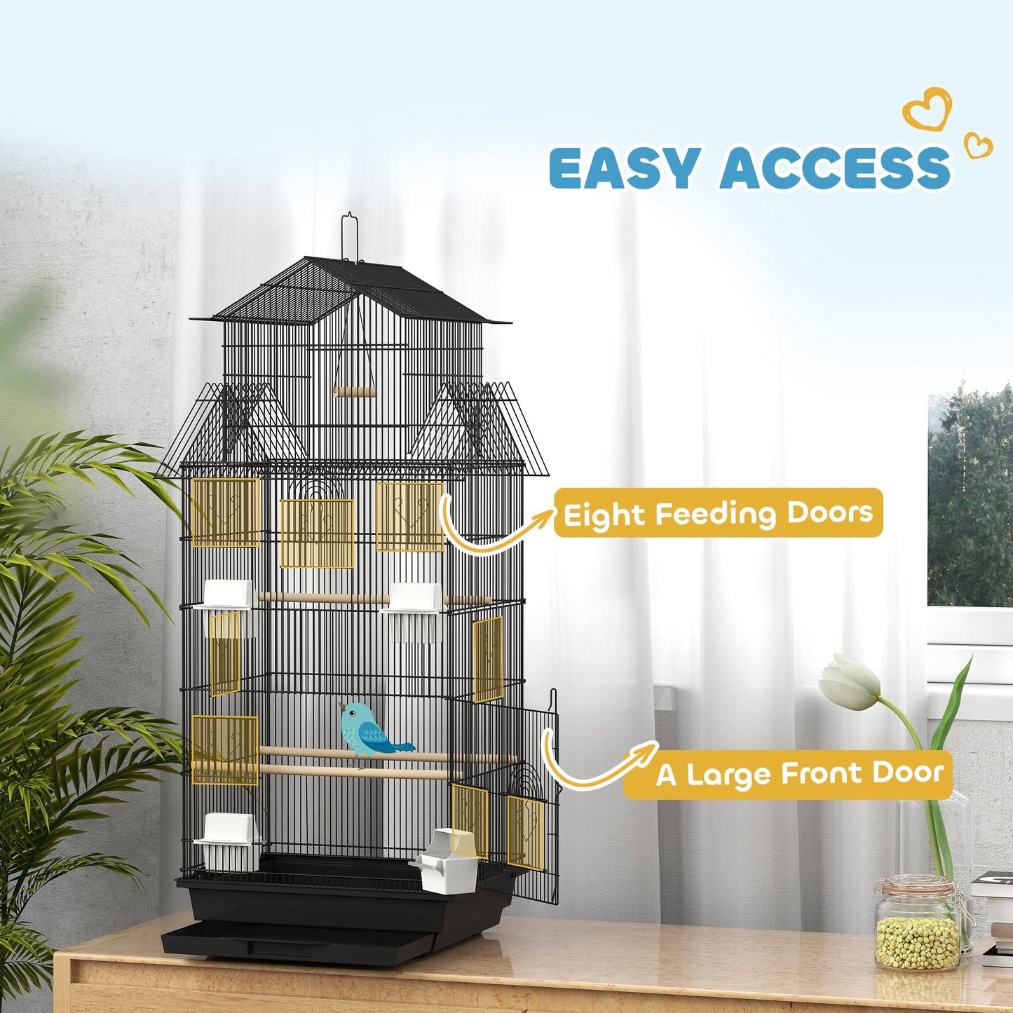 Bird Cage Budgie Cage with Slide Tray Handle for Finch Canary 43 x 32.5 x 104cm, Black