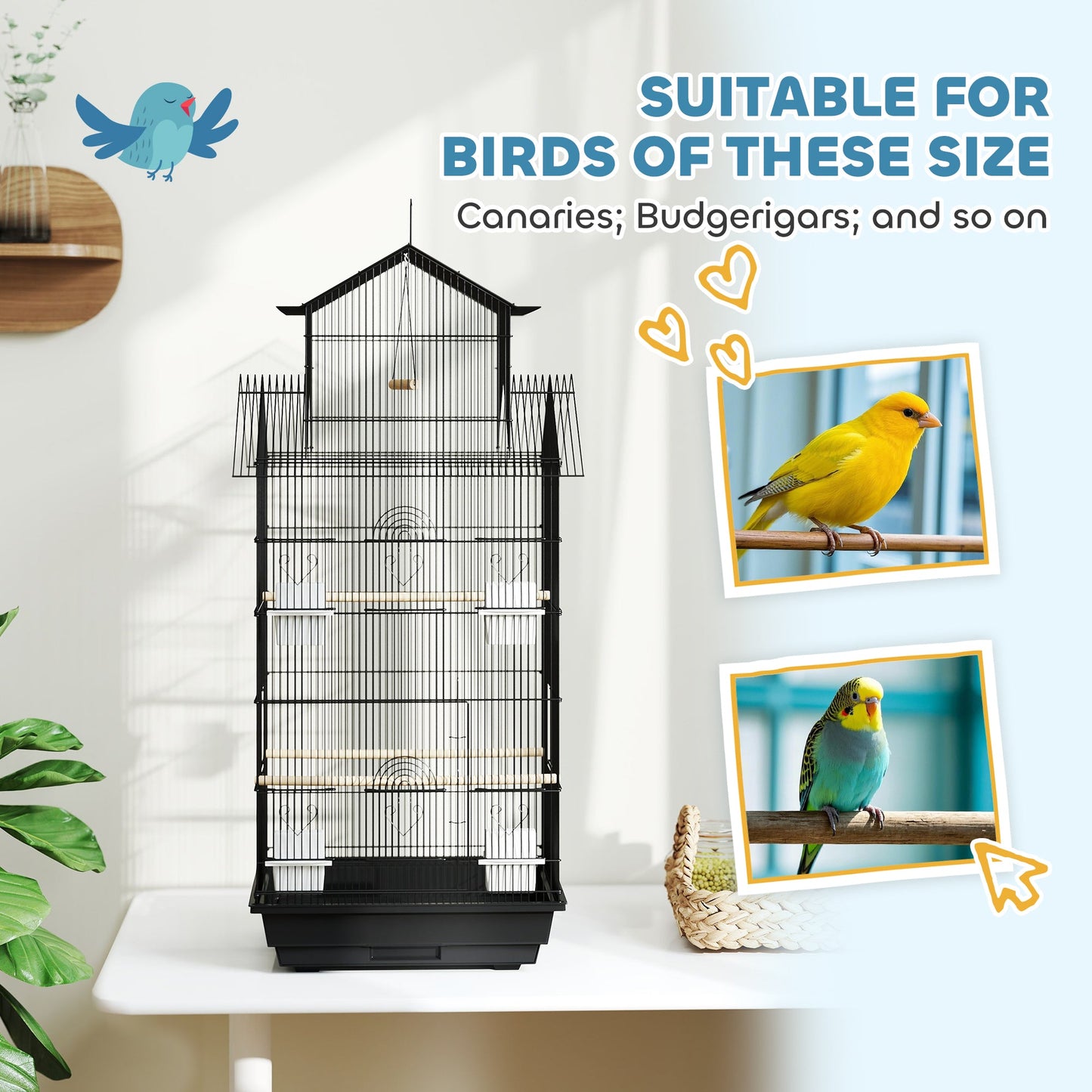 Bird Cage Budgie Cage with Slide Tray Handle for Finch Canary 43 x 32.5 x 104cm, Black
