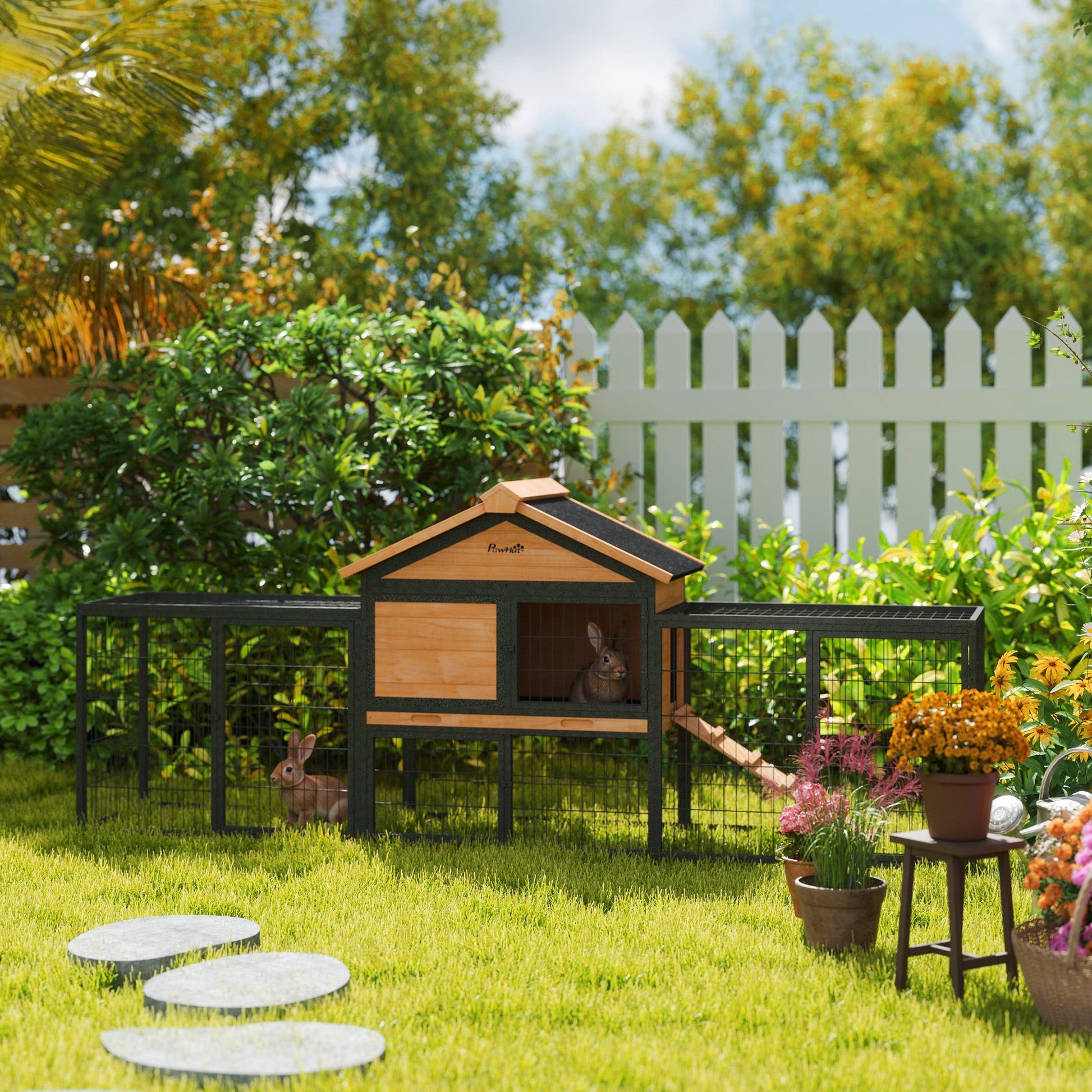 Rabbit Hutch Outdoor, Wooden Guinea Pig Hutch with Steel Run, Removable Leak Proof Tray, Water-Resistant Roof, Ramp, Small Animal House for 2-3 Bunnies, Guinea Pigs, 217 x 53 x 86 cm