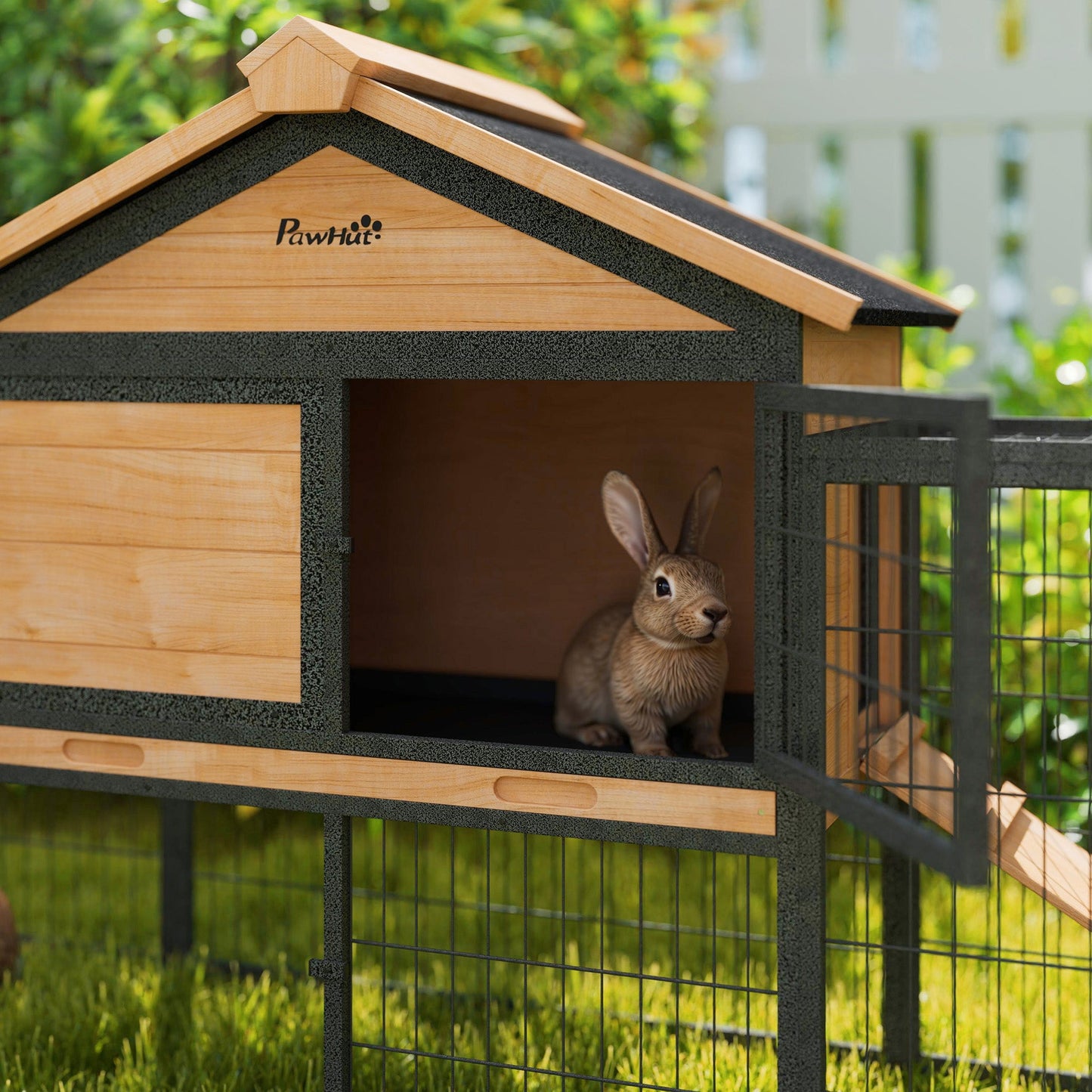 Rabbit Hutch Outdoor, Wooden Guinea Pig Hutch with Steel Run, Removable Leak Proof Tray, Water-Resistant Roof, Ramp, Small Animal House for 2-3 Bunnies, Guinea Pigs, 217 x 53 x 86 cm