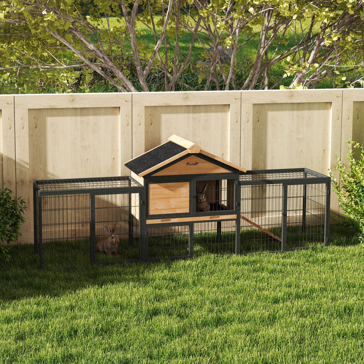 Rabbit Hutch Outdoor, Wooden Guinea Pig Hutch with Steel Run, Removable Leak Proof Tray, Water-Resistant Roof, Ramp, Small Animal House for 2-3 Bunnies, Guinea Pigs, 217 x 53 x 86 cm
