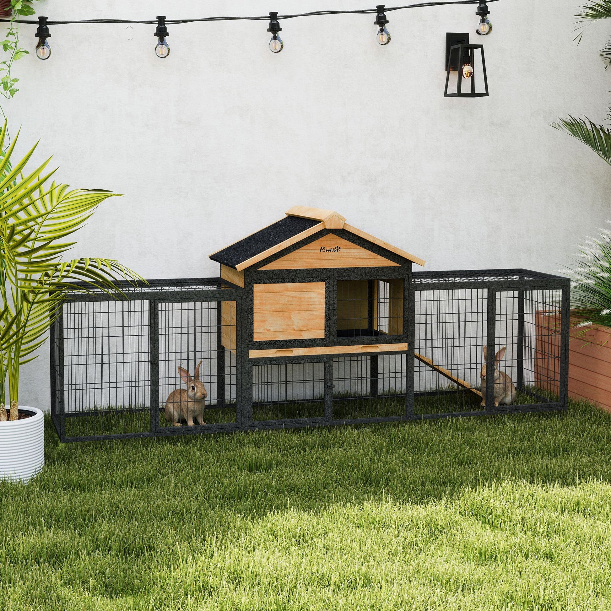 Rabbit Hutch Outdoor, Wooden Guinea Pig Hutch with Steel Run, Removable Leak Proof Tray, Water-Resistant Roof, Ramp, Small Animal House for 2-3 Bunnies, Guinea Pigs, 217 x 53 x 86 cm