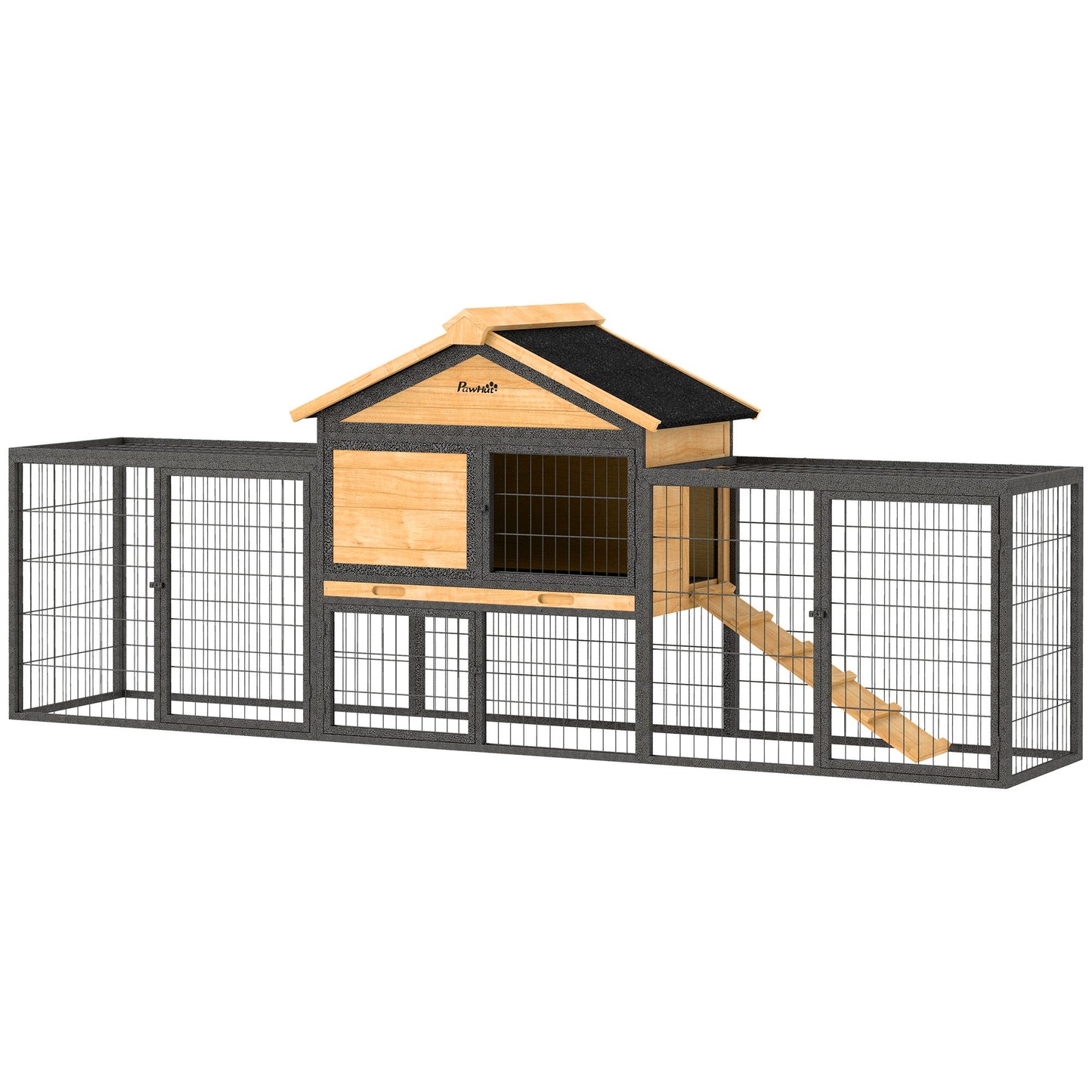 Rabbit Hutch Outdoor, Wooden Guinea Pig Hutch with Steel Run, Removable Leak Proof Tray, Water-Resistant Roof, Ramp, Small Animal House for 2-3 Bunnies, Guinea Pigs, 217 x 53 x 86 cm