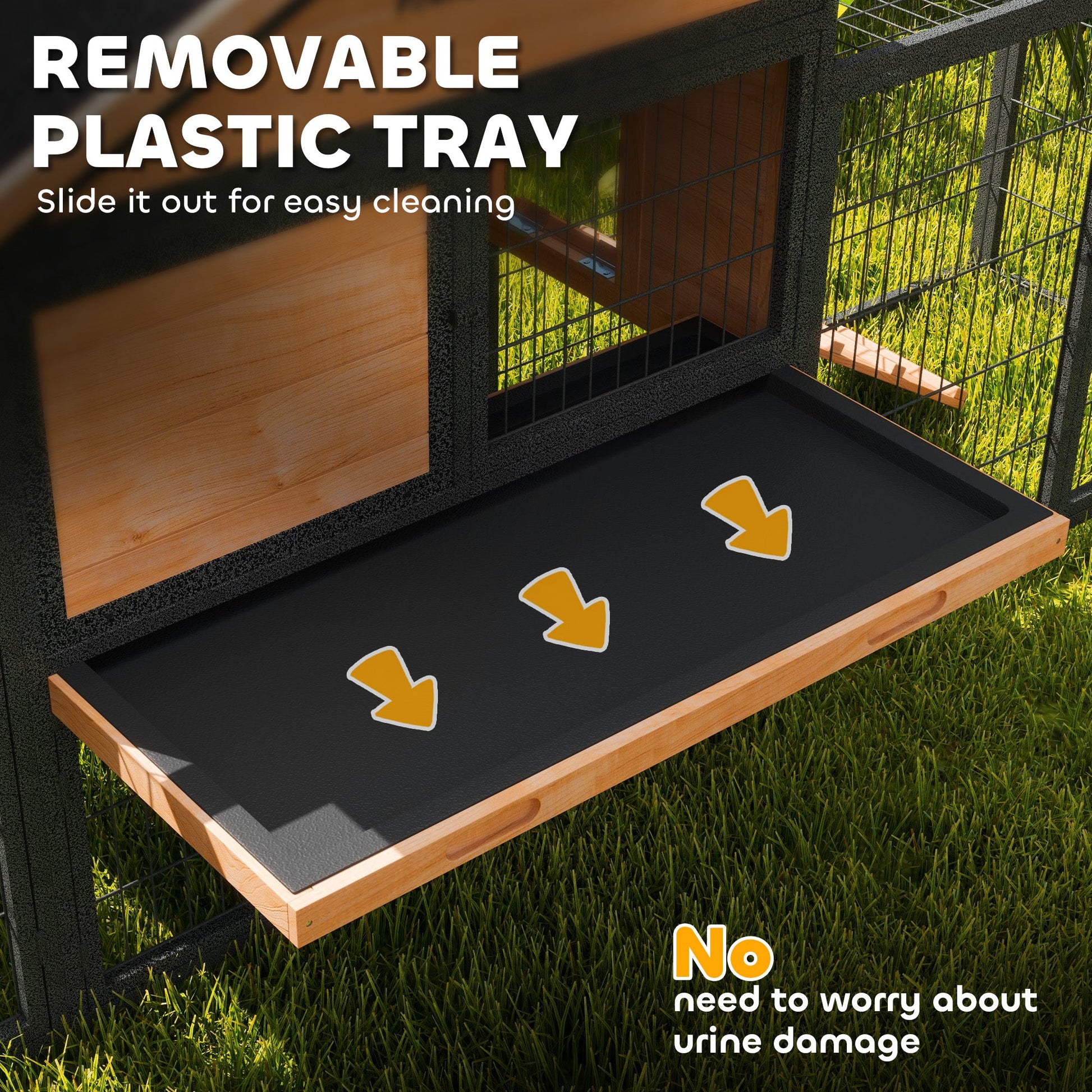 Rabbit Hutch Outdoor, Wooden Guinea Pig Hutch with Steel Run, Removable Leak Proof Tray, Water-Resistant Roof, Ramp, Small Animal House for 2-3 Bunnies, Guinea Pigs, 217 x 53 x 86 cm